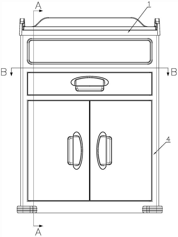 Assembled medical trolley with three occluded sides at bottom and inserted side at same time