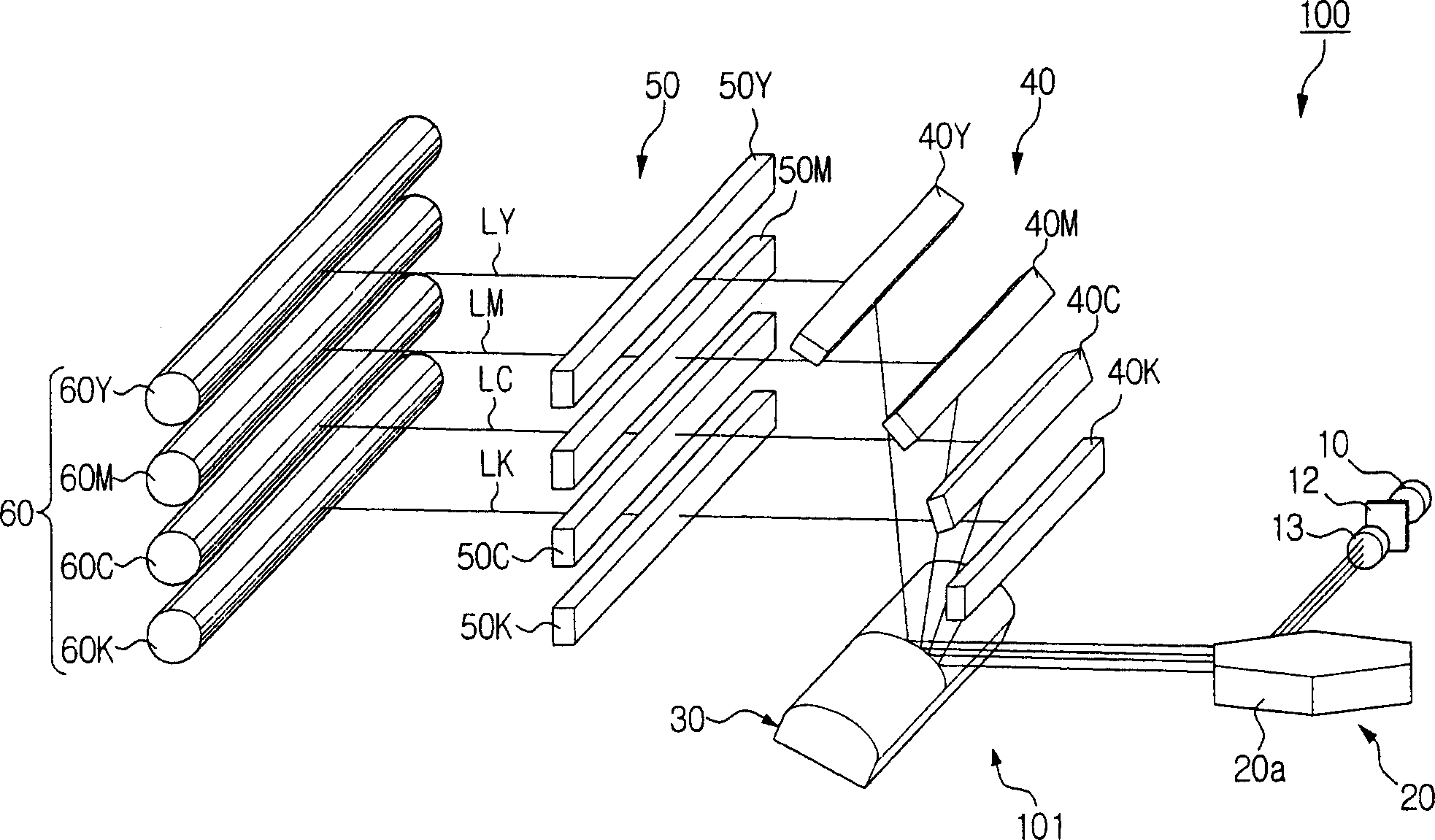 Laser scanning unit for splitting multiple light beams in a tandem image forming apparatus