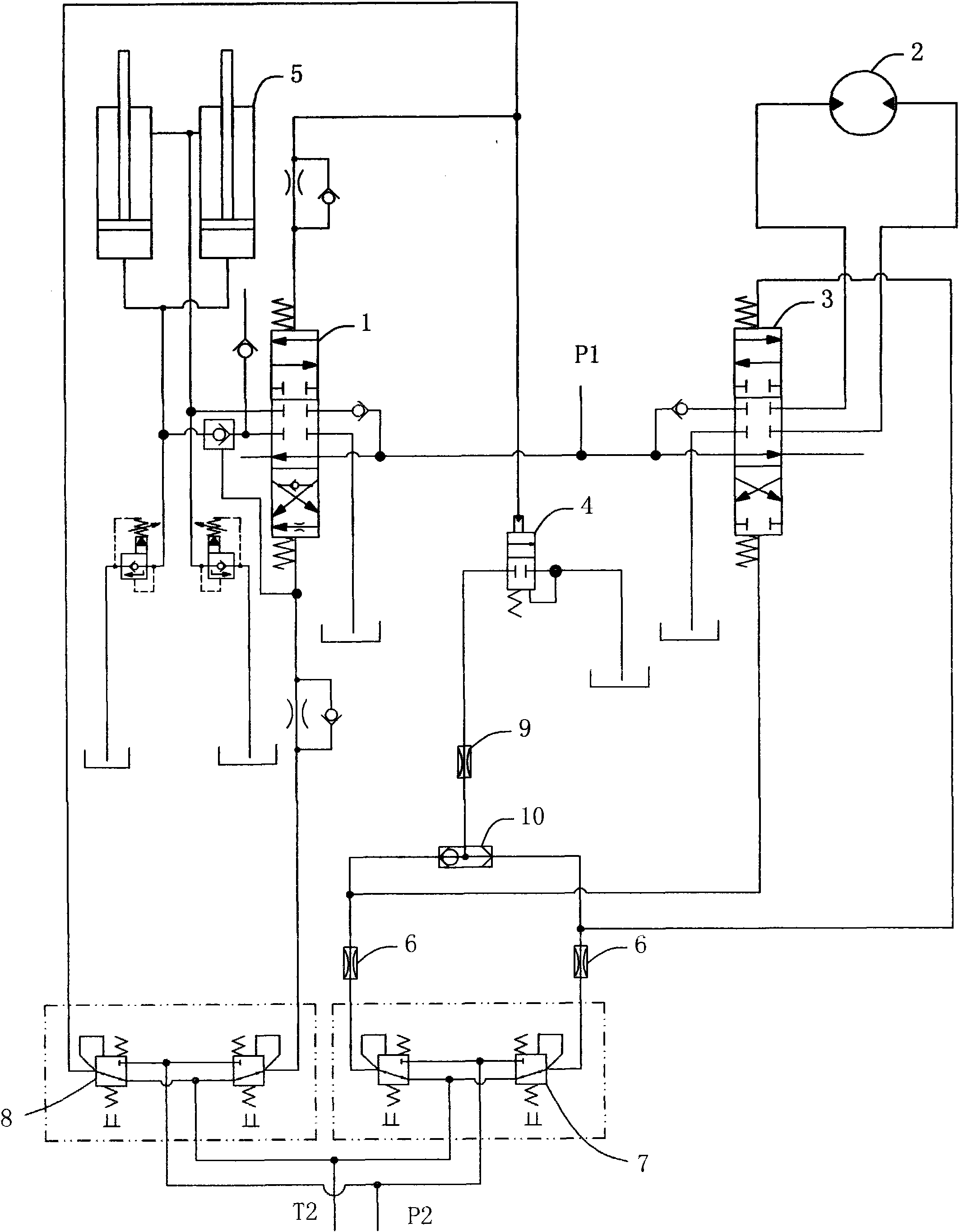 Hydraulic loop device used for coordinating machine body rotation and movable arm swinging of digging machine