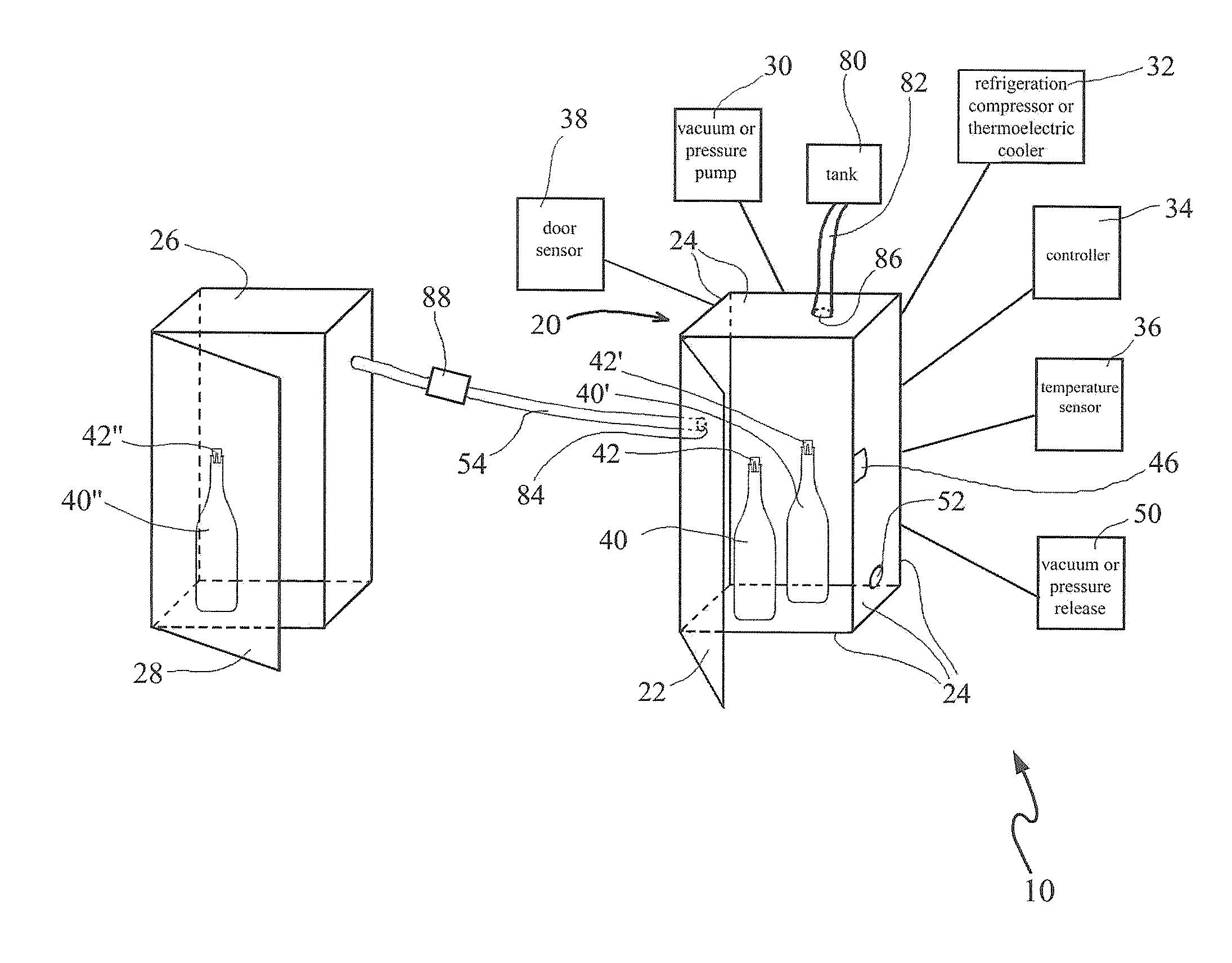 Vacuum or pressure storage system for food or beverage containers