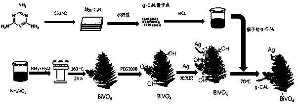 A preparation method of g-c3n4 quantum dots and ag quantum dots sensitized bivo4 photocatalyst