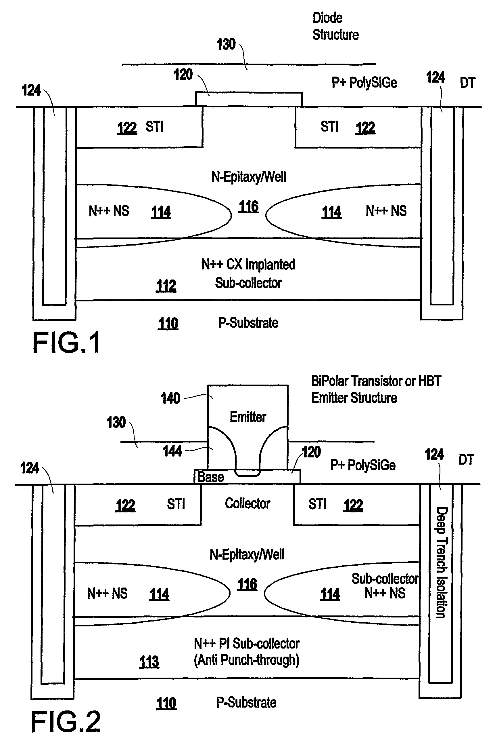 Tuneable semiconductor device with discontinuous portions in the sub-collector