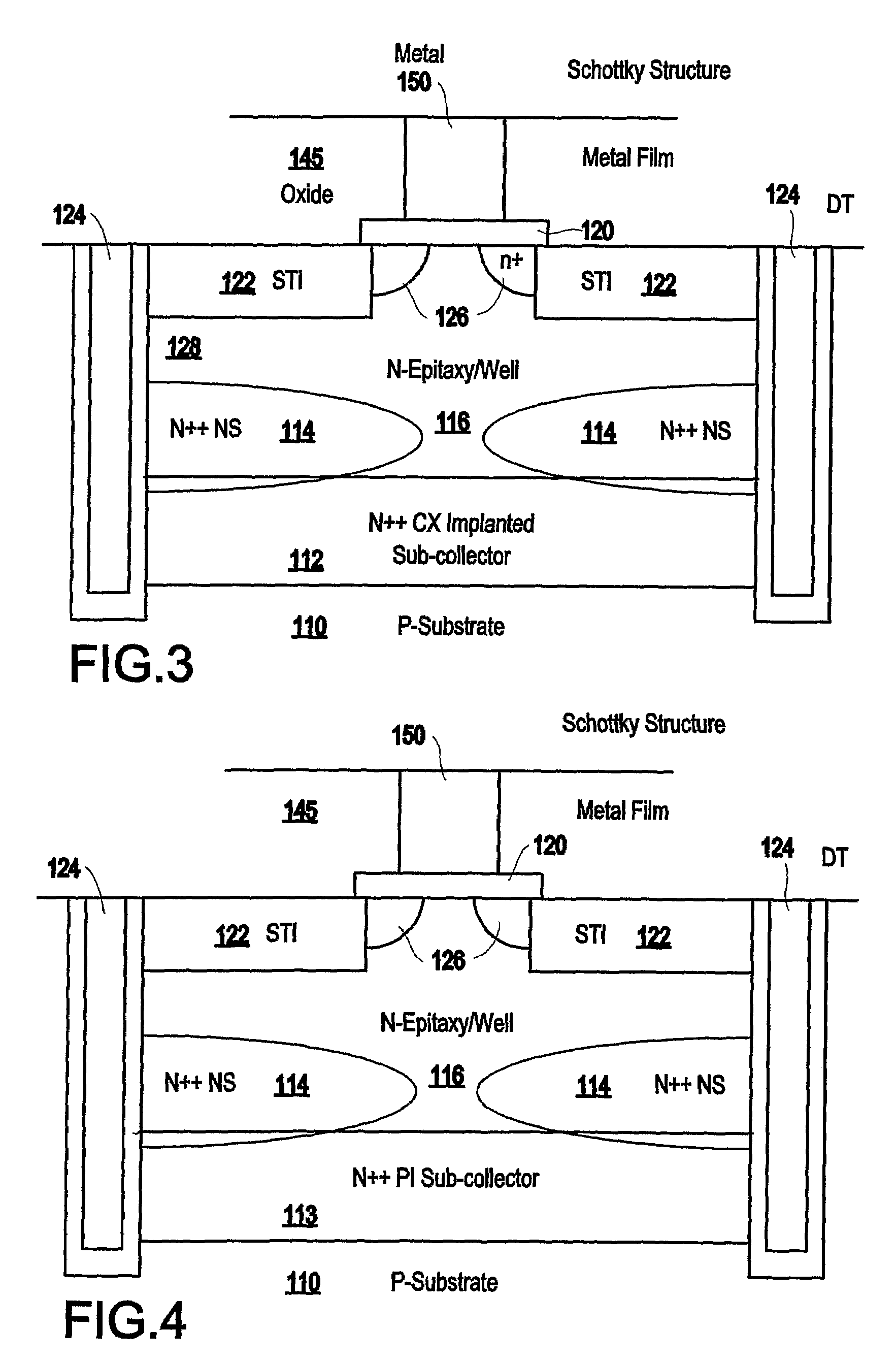 Tuneable semiconductor device with discontinuous portions in the sub-collector