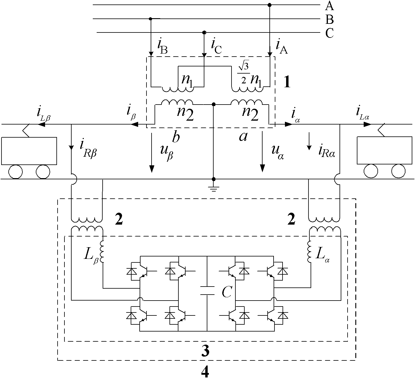 High-speed railway negative-sequence and harmonic compensation system based on two-phase three-wire system converter