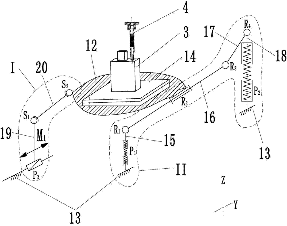 Single-drive-translation-two-rotation three-dimensional sand filling vibrator based on parallel mechanism