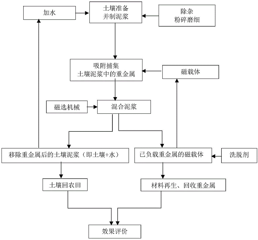 Magnetic separation purifying treatment technology for removing heavy metal pollution of soil