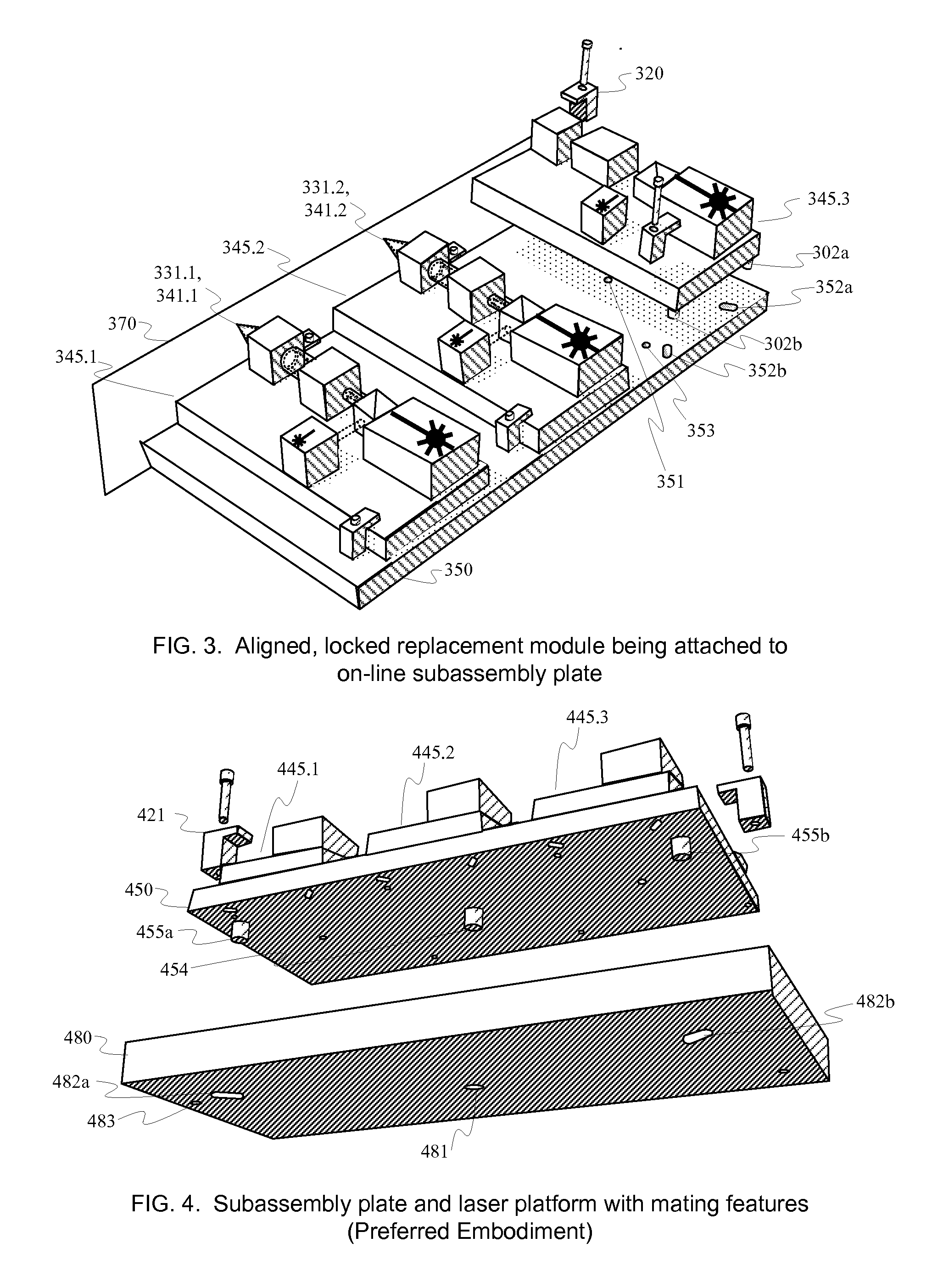 Quickly replaceable processing-laser modules and subassemblies