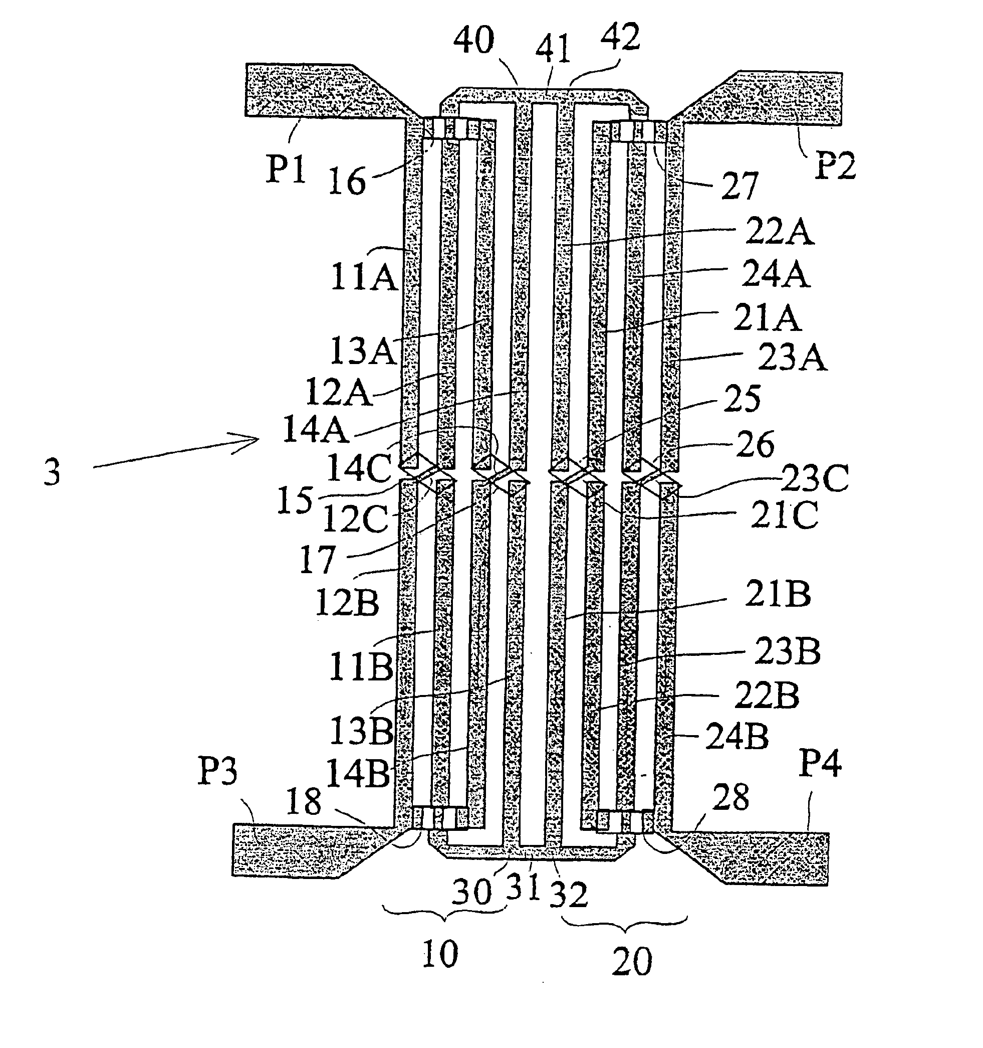 Four port hybrid microstrip circuit of Lange type