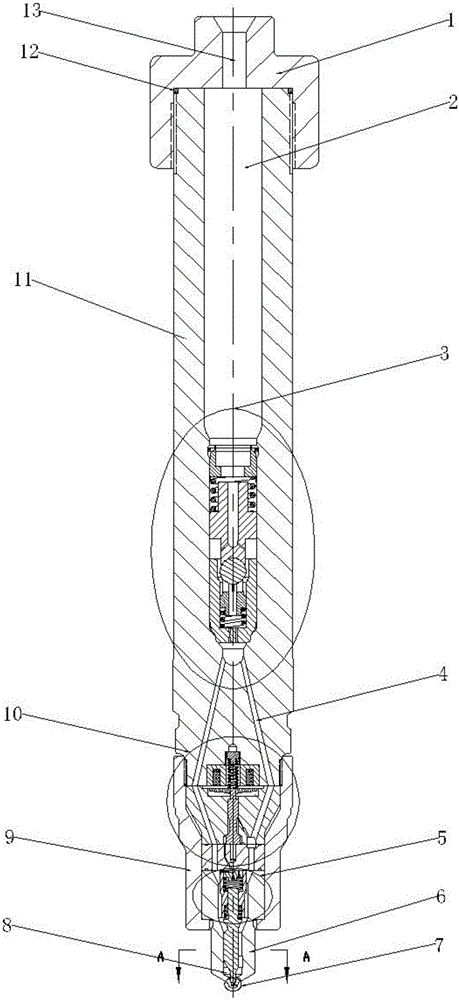 Double-path oil feeding resonance bypass type electrically controlled oil sprayer with engraved groove