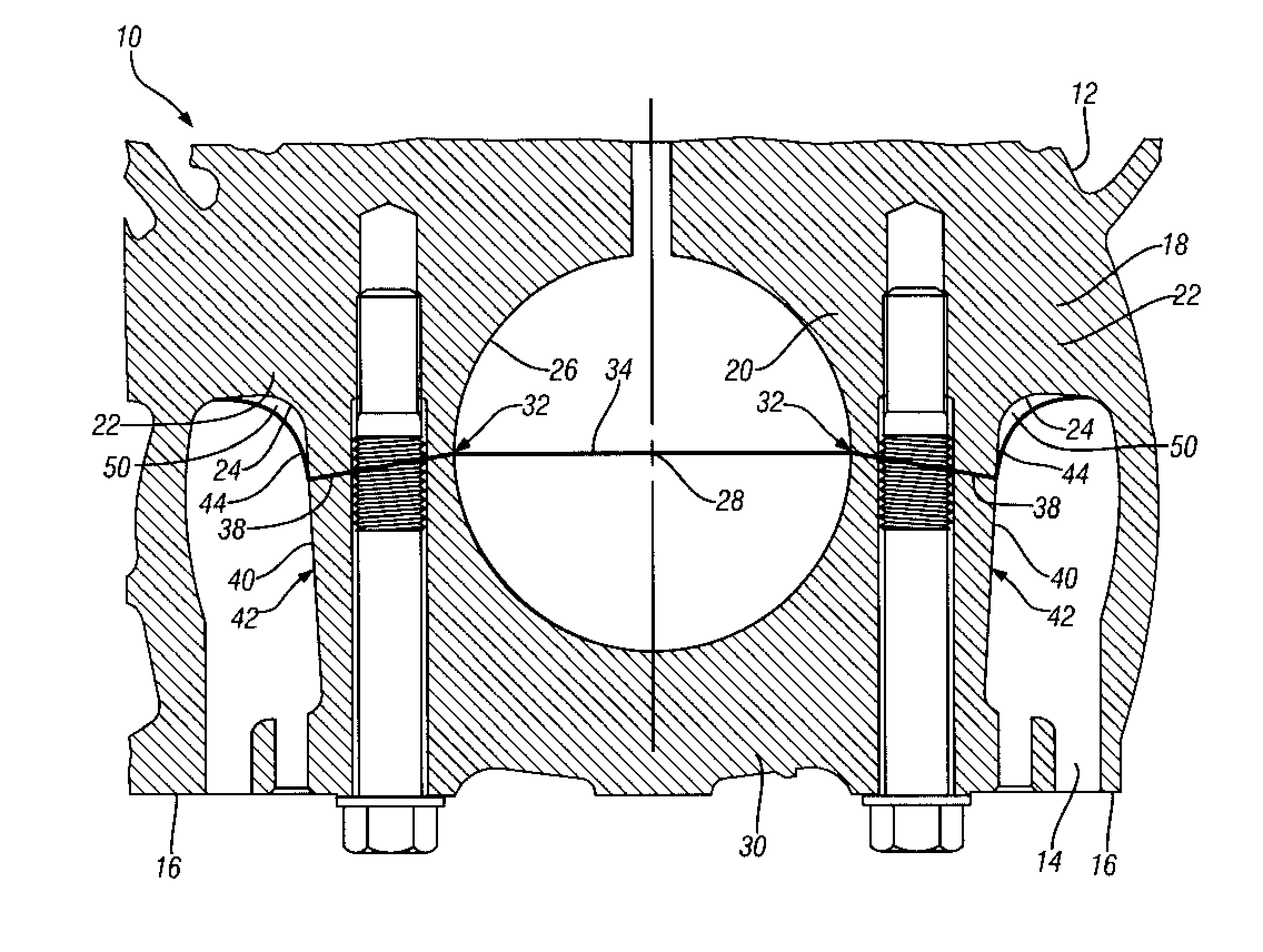 Engine and method for improved crankcase fatigue strength with fracture-split main bearing caps