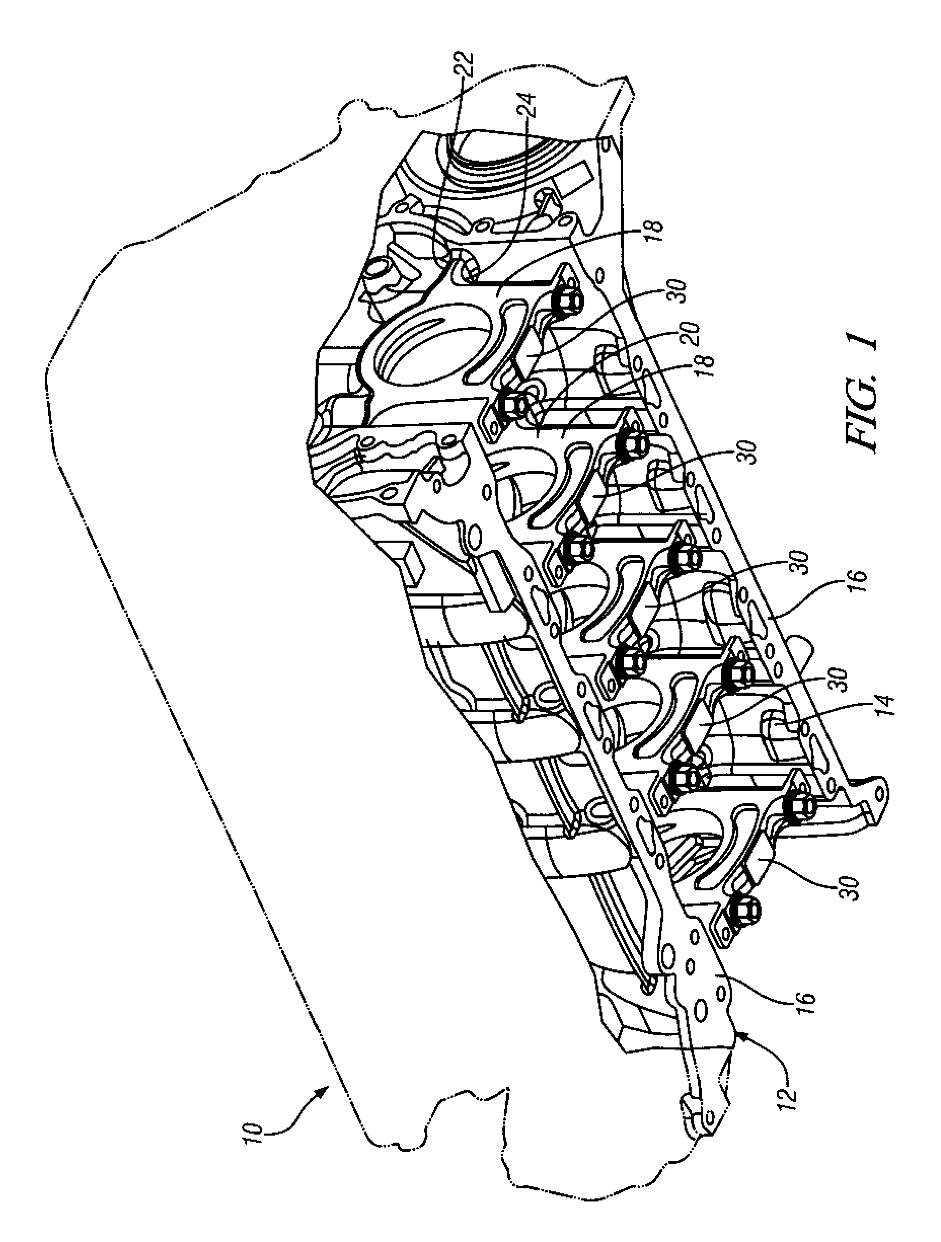 Engine and method for improved crankcase fatigue strength with fracture-split main bearing caps