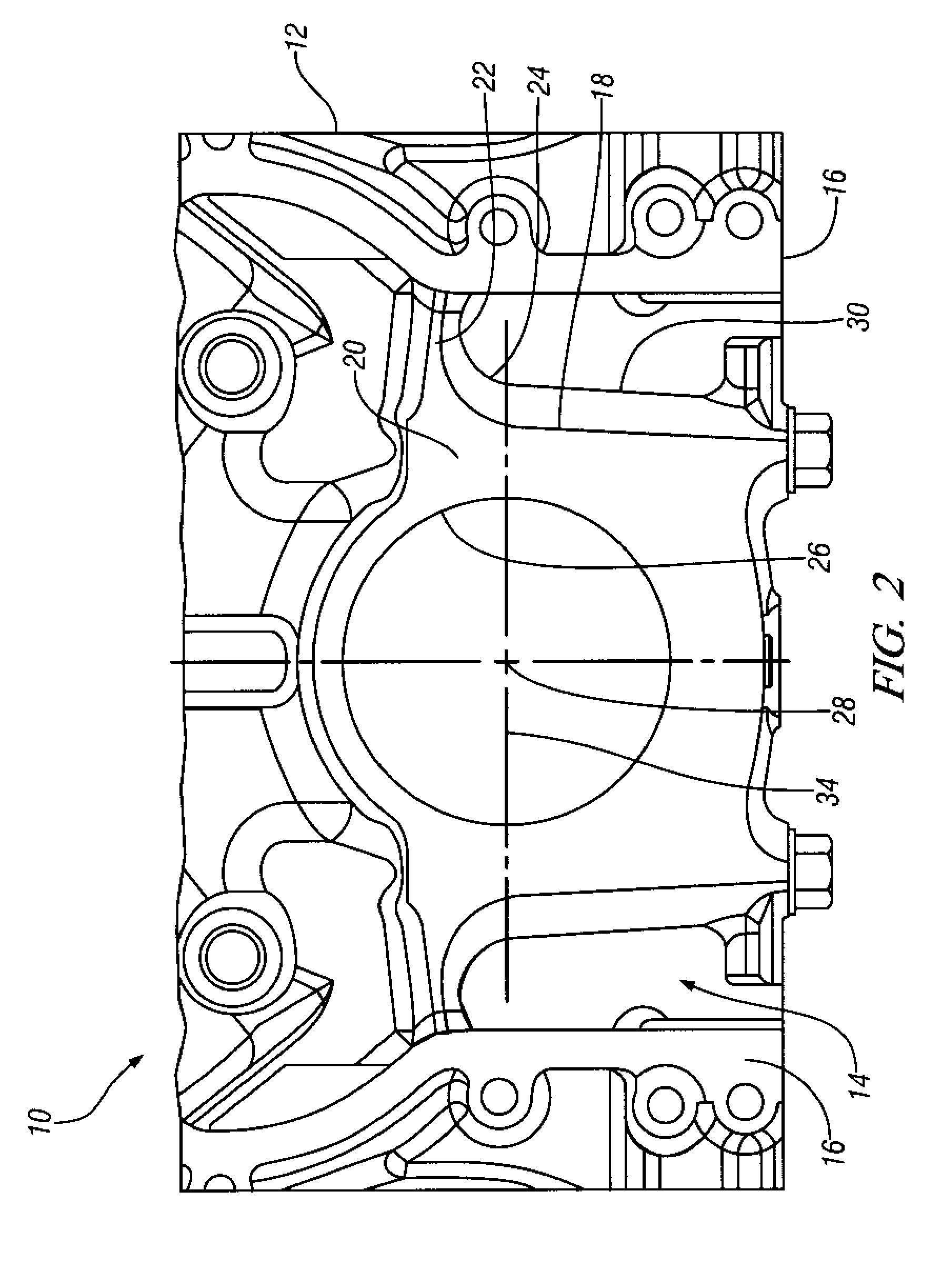 Engine and method for improved crankcase fatigue strength with fracture-split main bearing caps