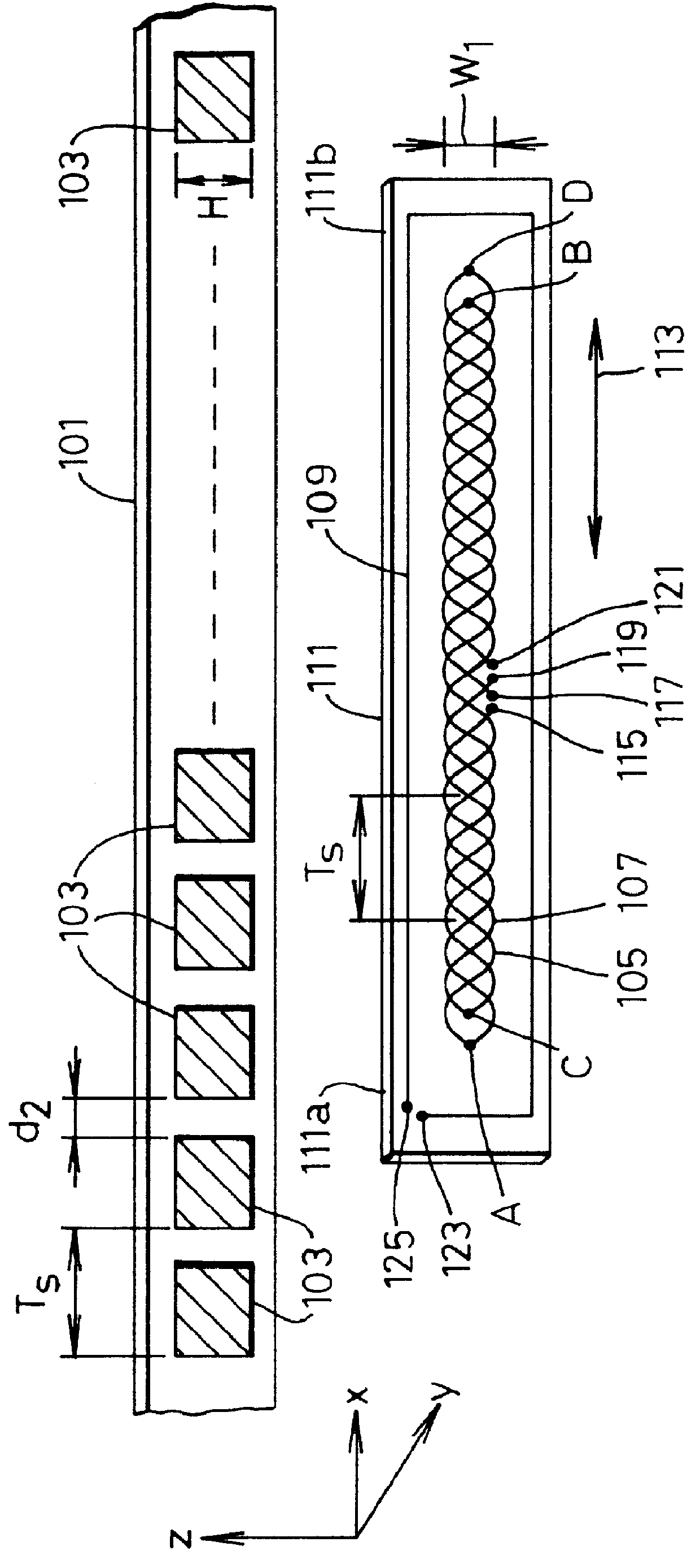 Position detection using a spaced apart array of magnetic field generators and plural sensing loop circuits offset from one another in the measurement direction