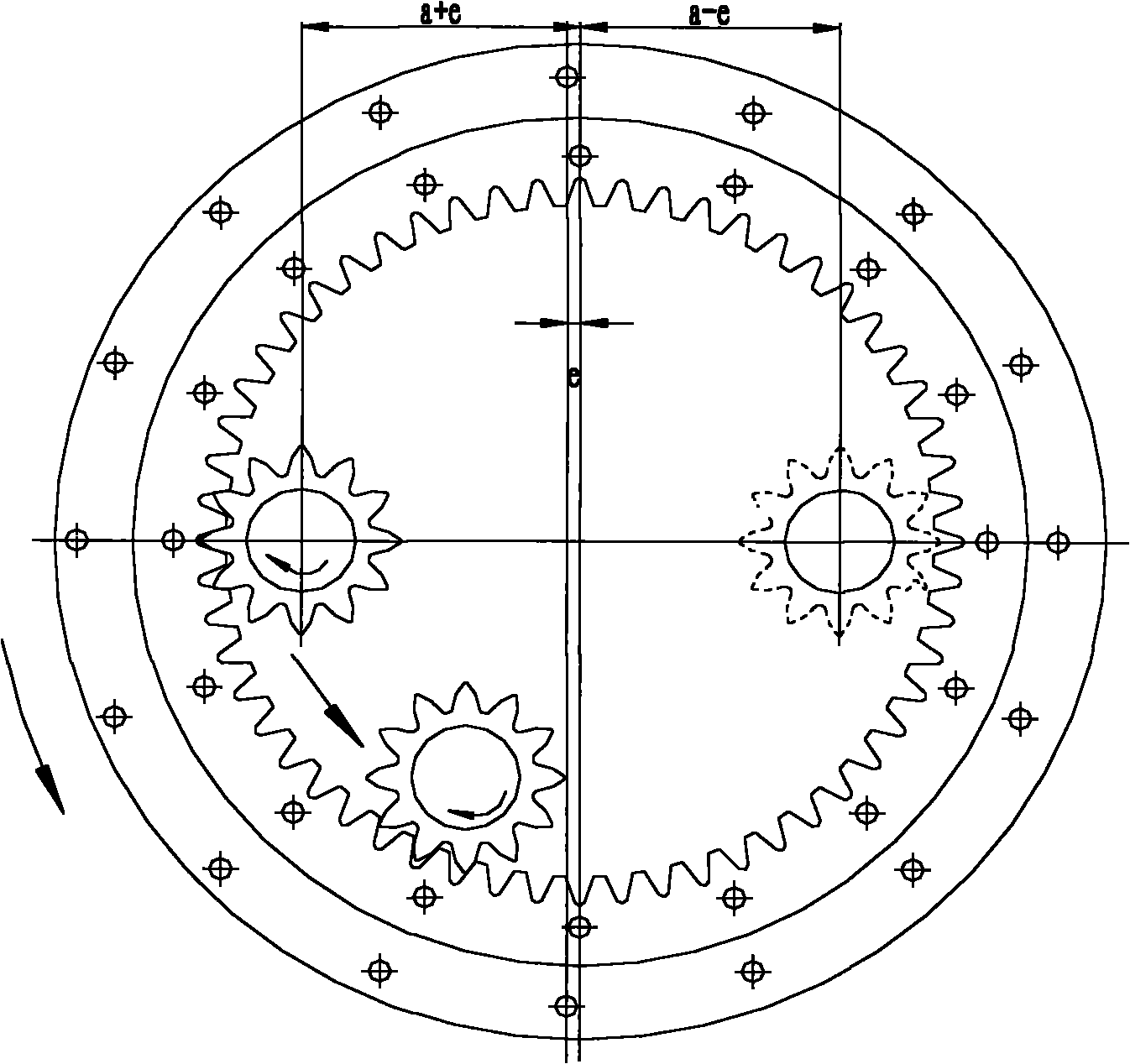 Slewing bearing with adjustable gear meshing center distance and machining method thereof