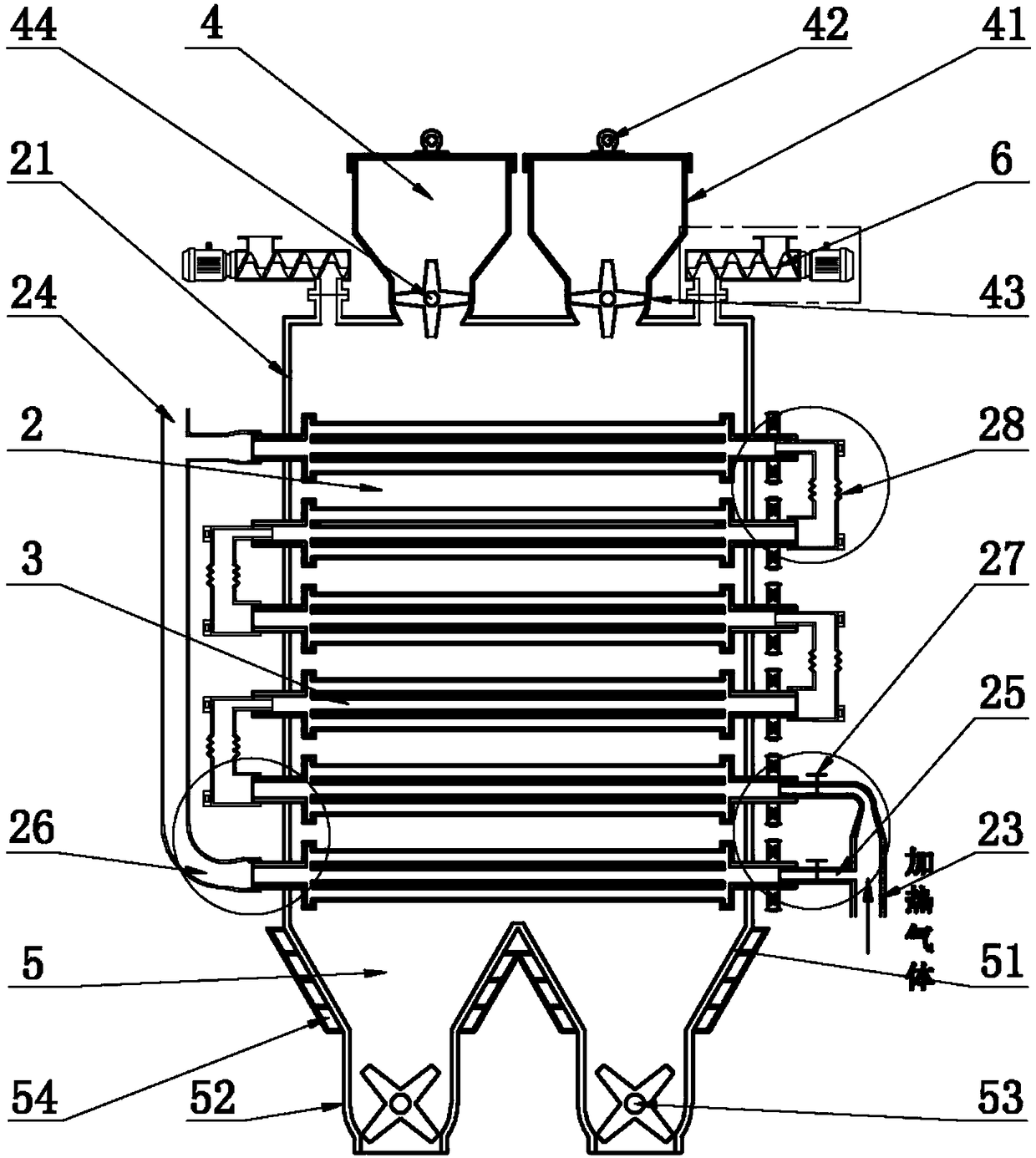 Internal and external dynamic heating solid organic matter pyrolysis combination device in double-column mixing process