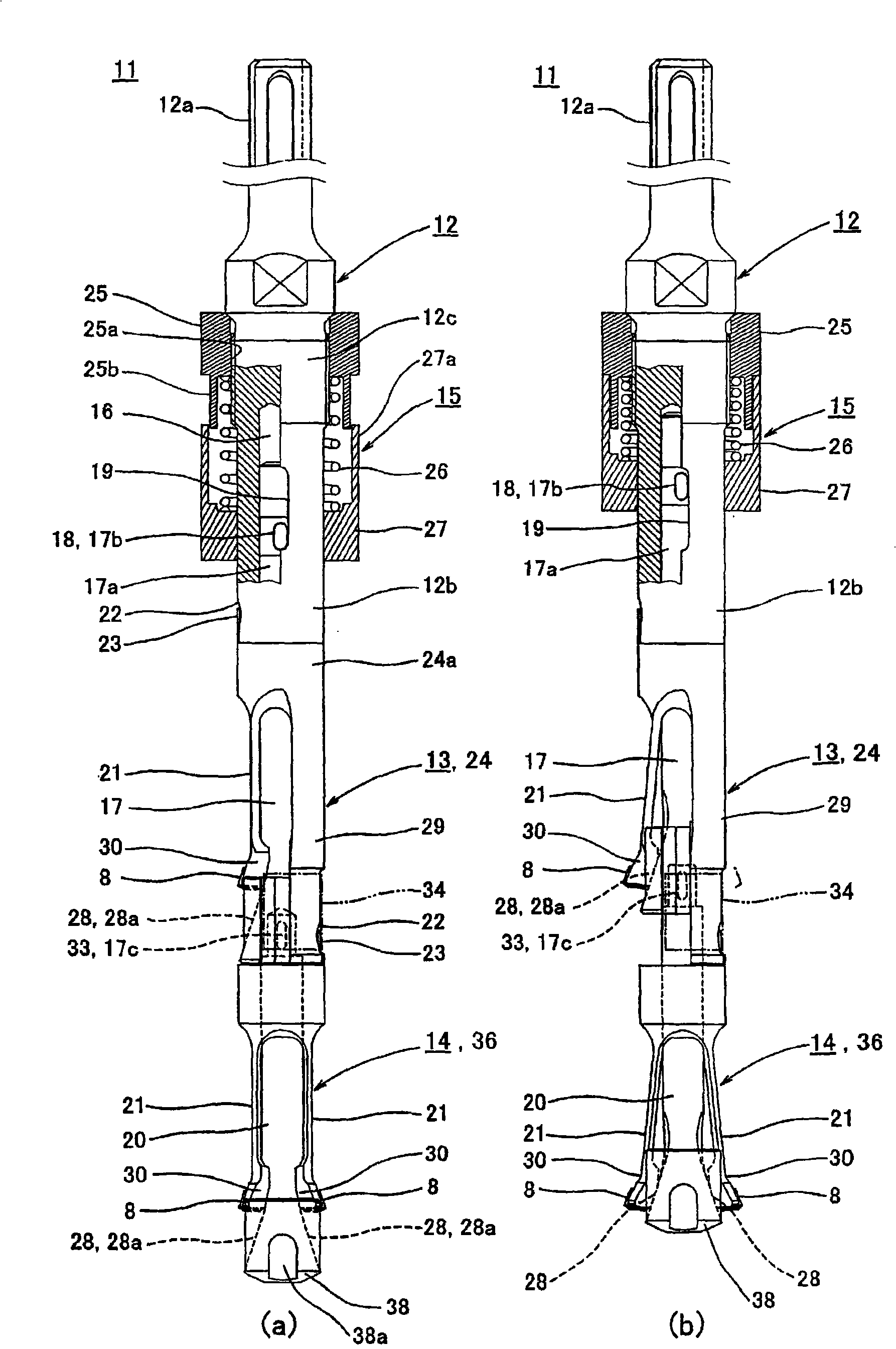 Diameter expanding groove cutting device and expanding/contracting mechanism tool