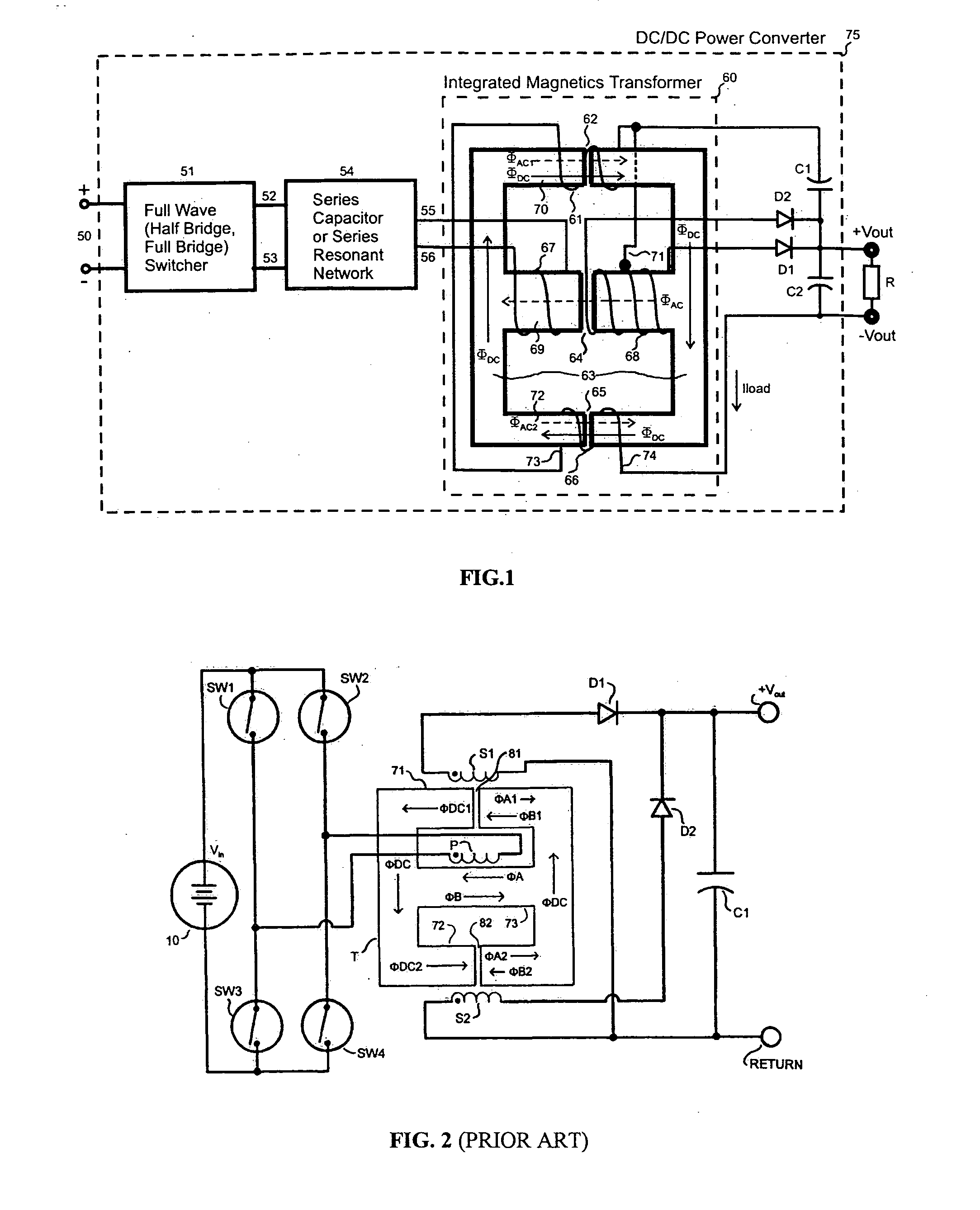 Full wave series resonant type DC to DC power converter with integrated magnetics