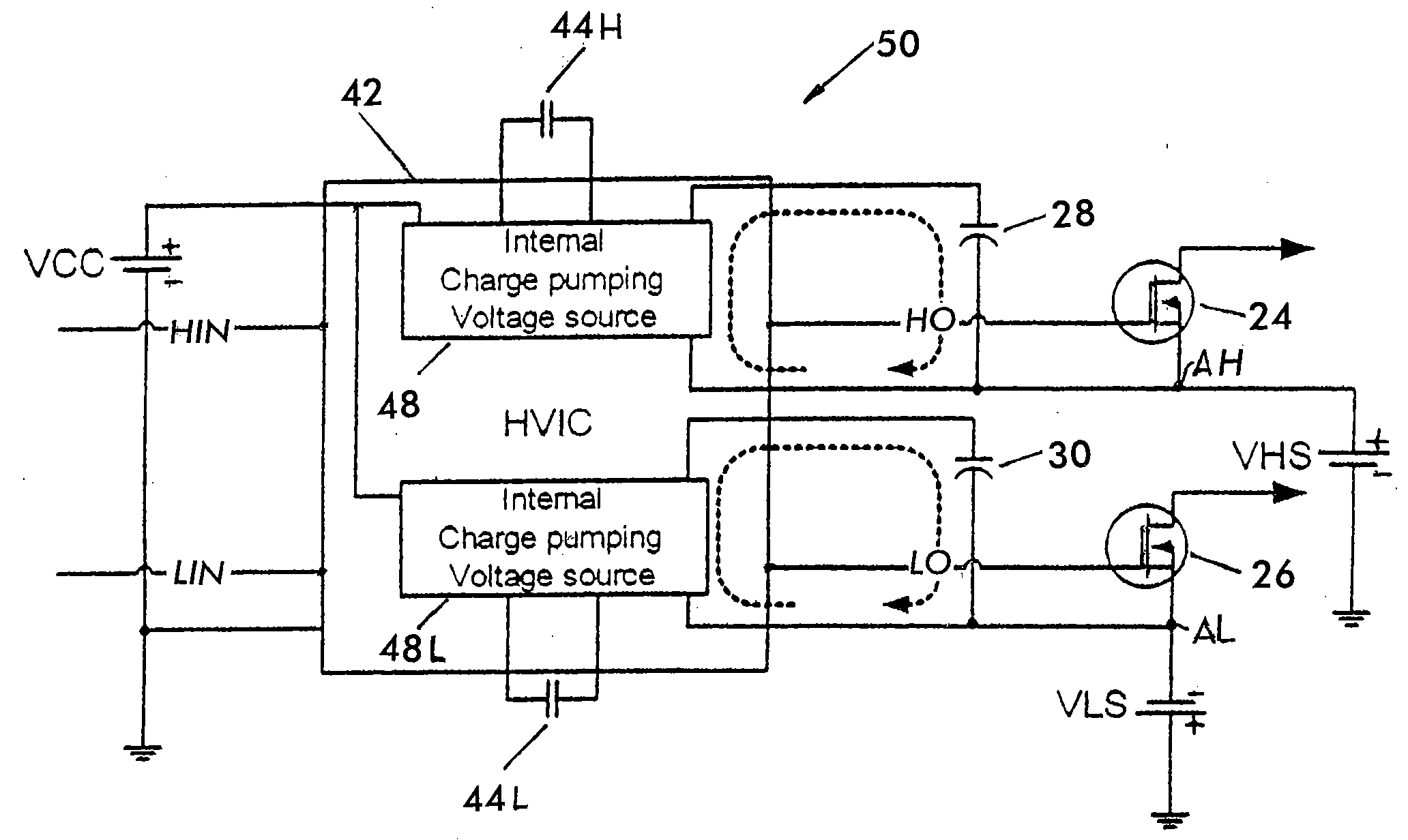 High voltage gate driver IC (HVIC) with internal charge pumping voltage source