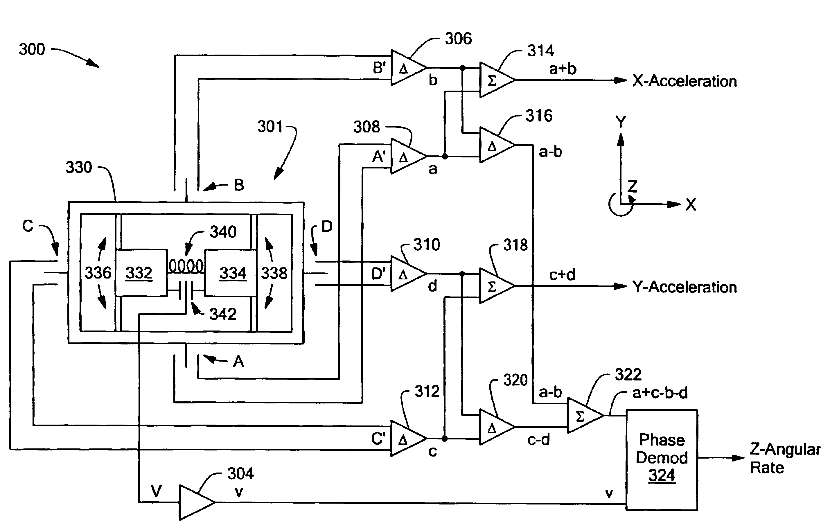 Micro-machined multi-sensor providing 2-axes of acceleration sensing and 1-axis of angular rate sensing