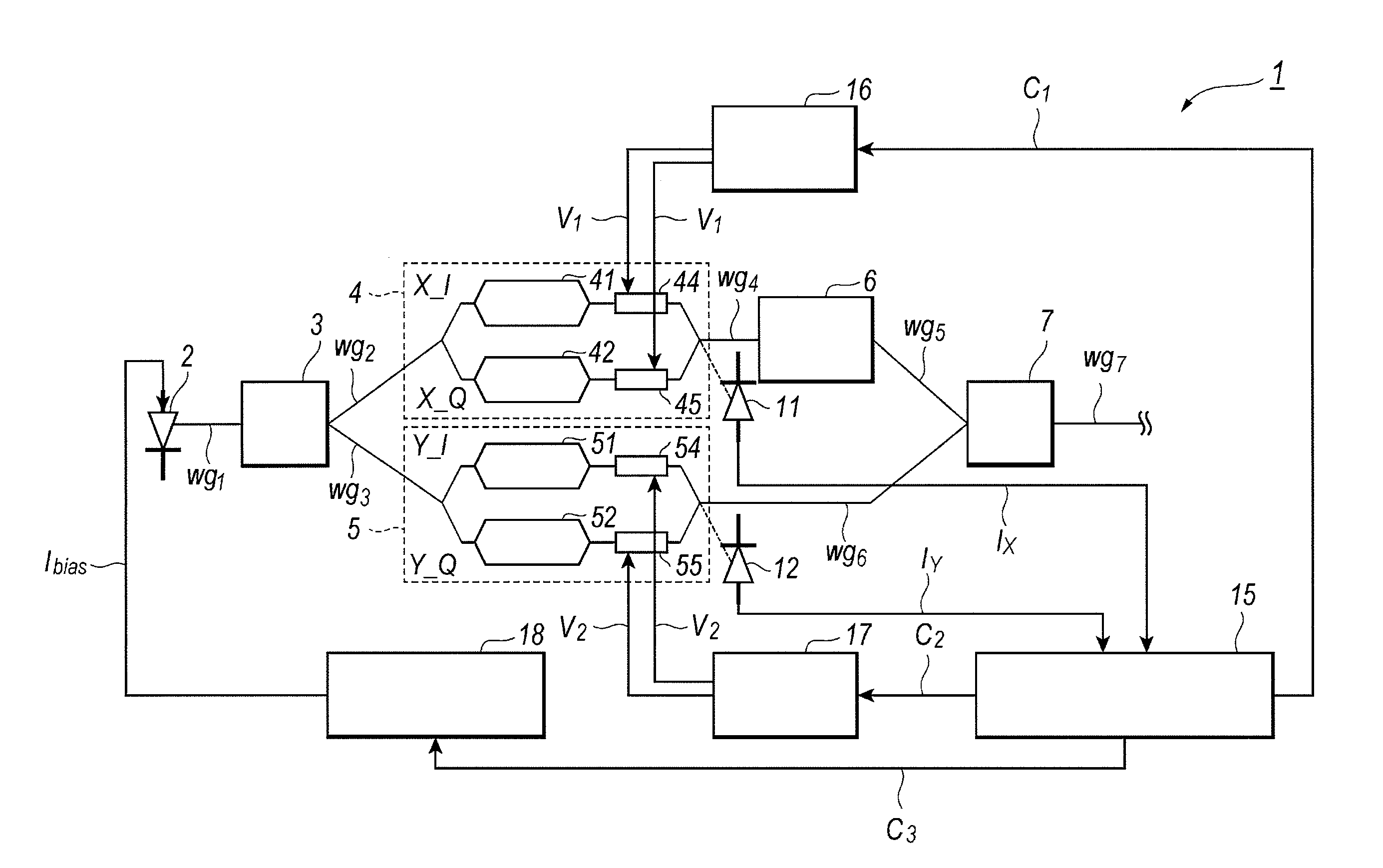 Optical transmitter implemented with two qpsk modulators made of semiconductor material and a method to control optical power output therefrom