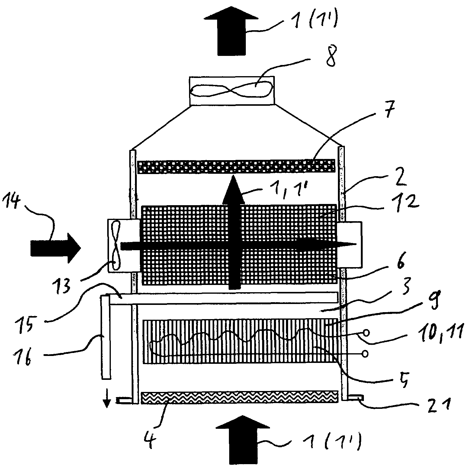 Method and device for discharging and dehumidifying air in a cooking area