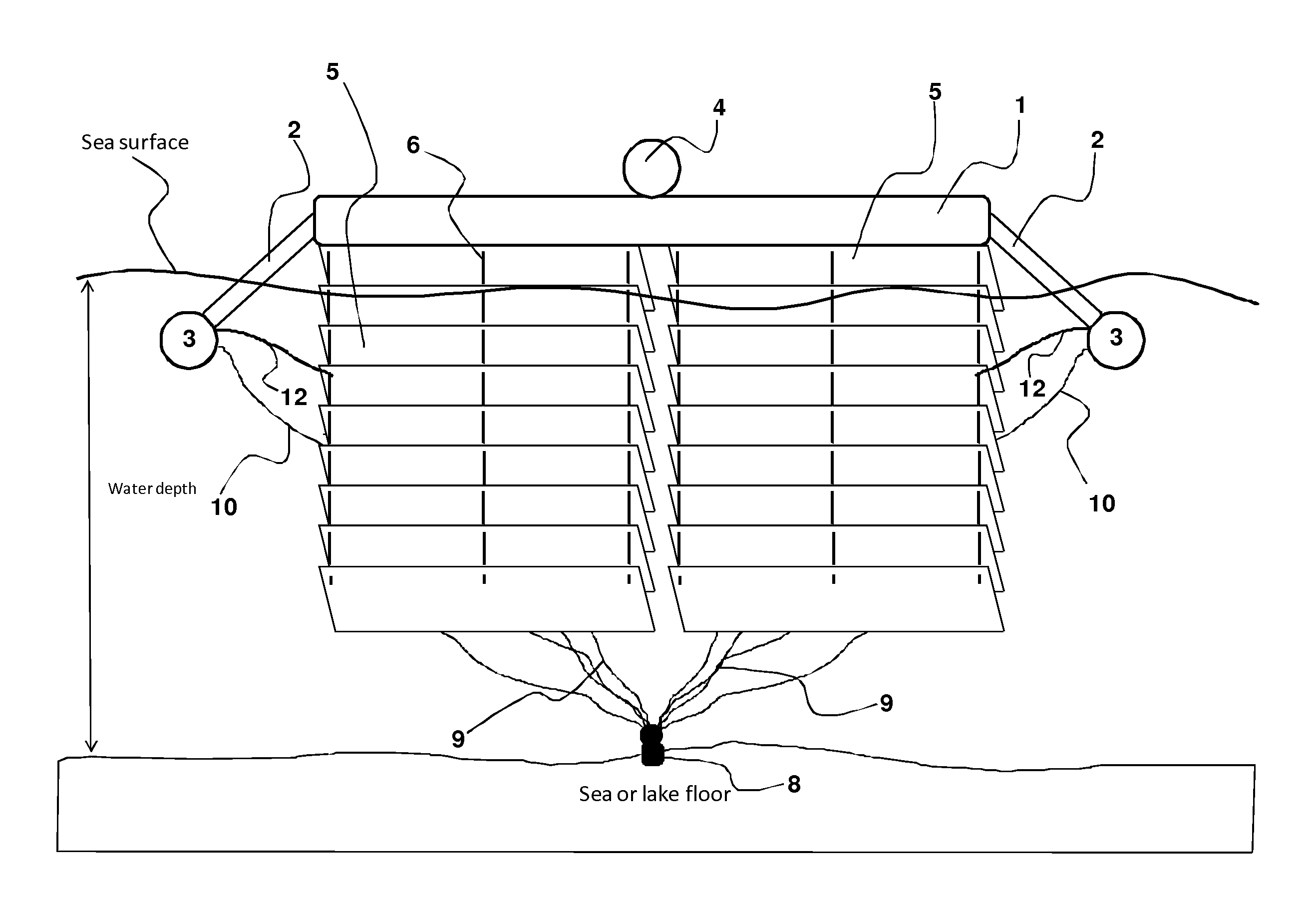 Modular submergible breakwater for lowering water wave kinetic energy especially during storms or rough waters