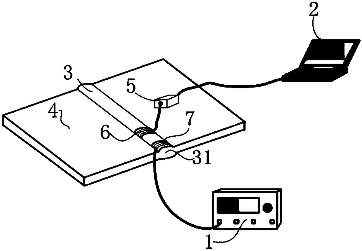 Feature-guided-wave-based weld seam defect detection dedicated array type sensor time-sharing excitation system and method