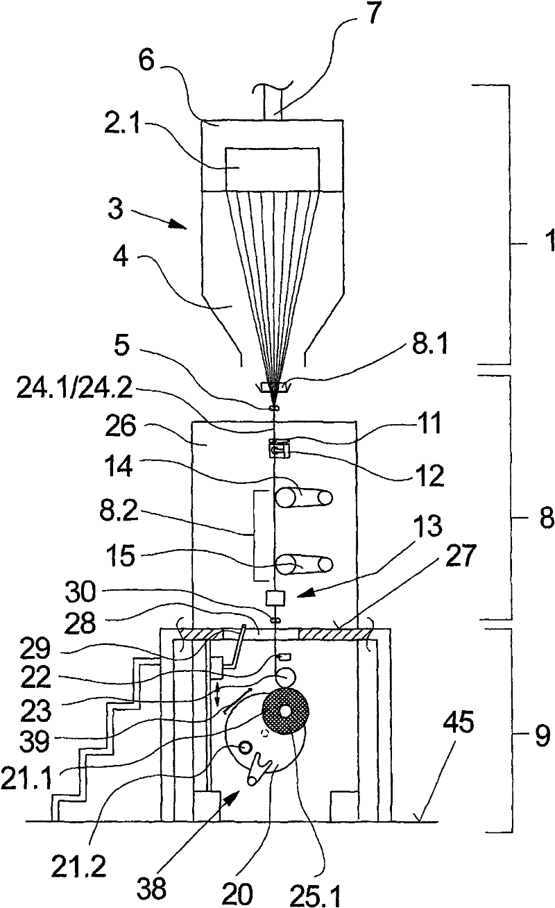 Method and device for melt spinning, treating and winding a synthetic thread