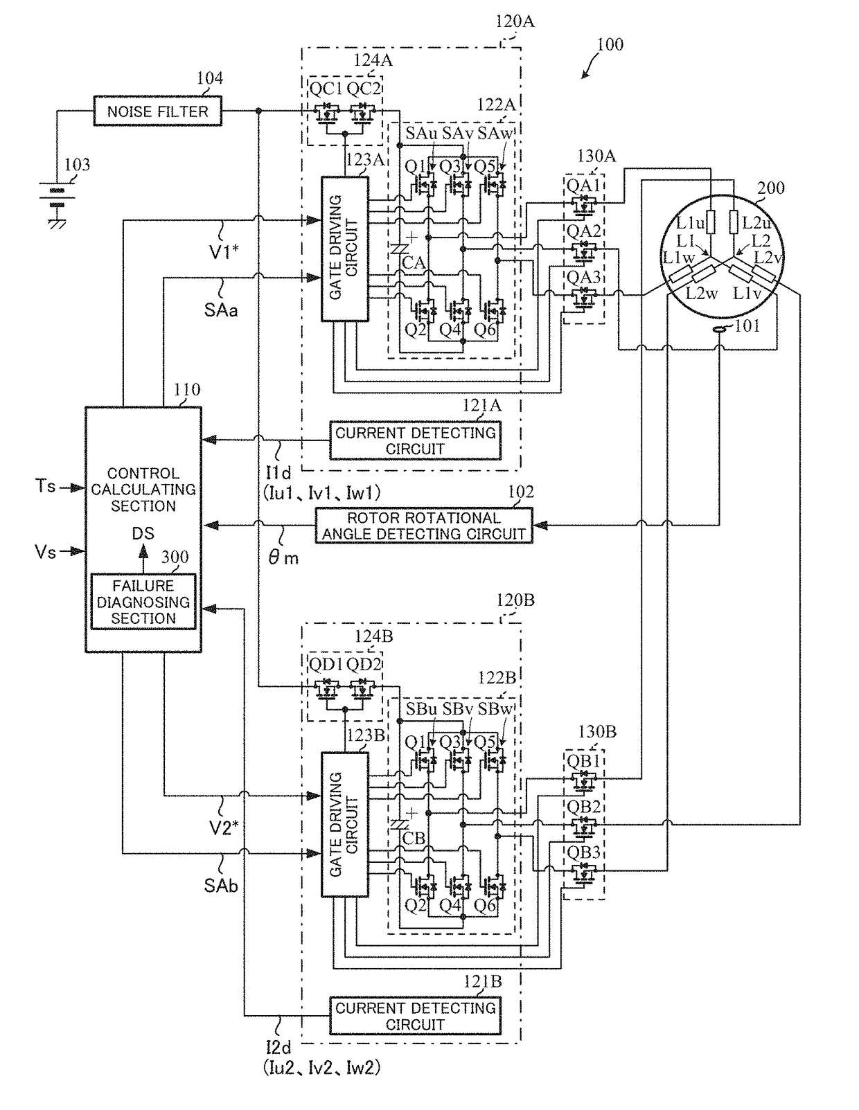 Motor control unit, failure detecting method, and electric power steering apparatus and vehicle equipped with the same