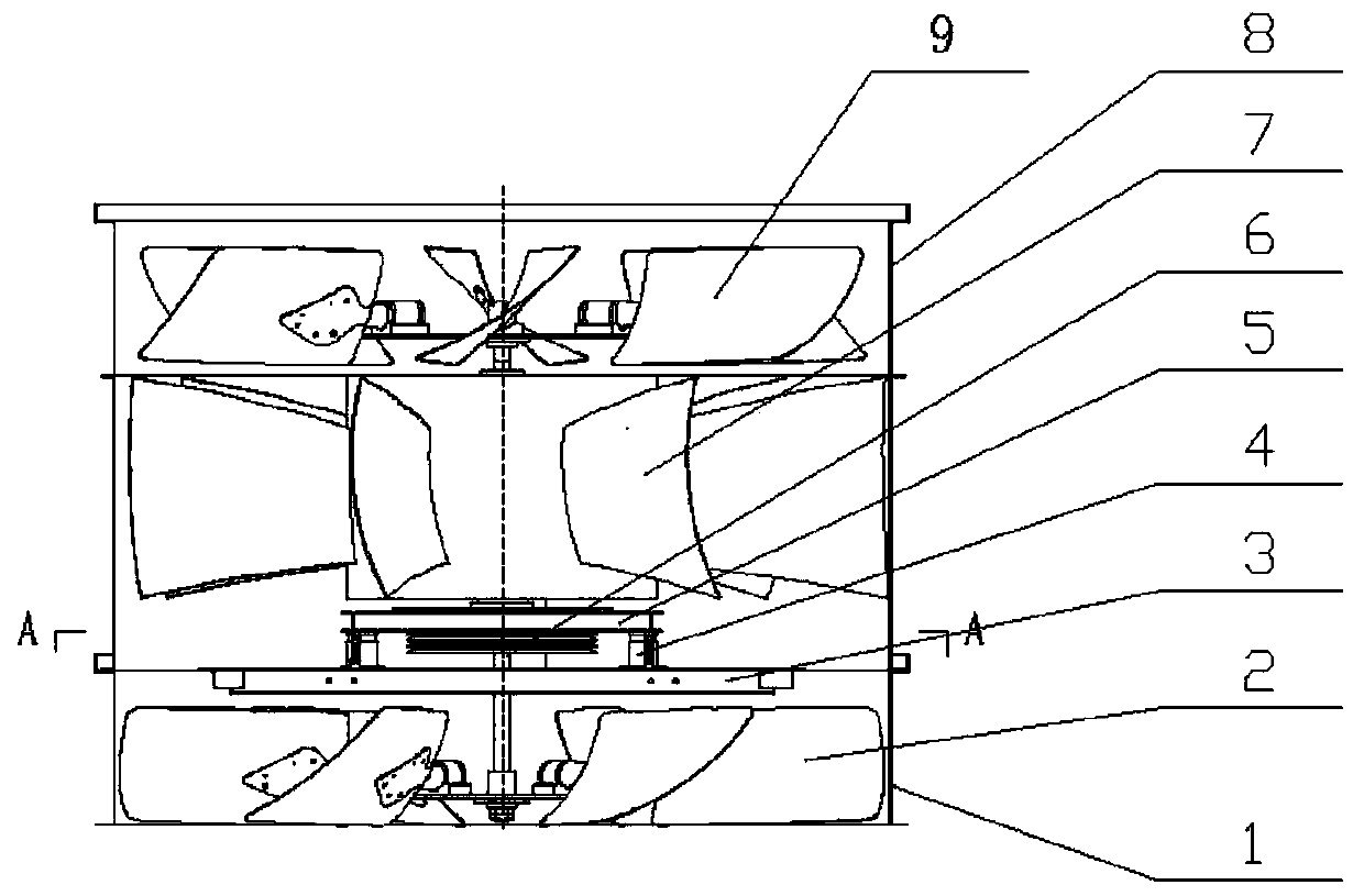 A low noise coaxial double impeller cooling tower axial flow fan