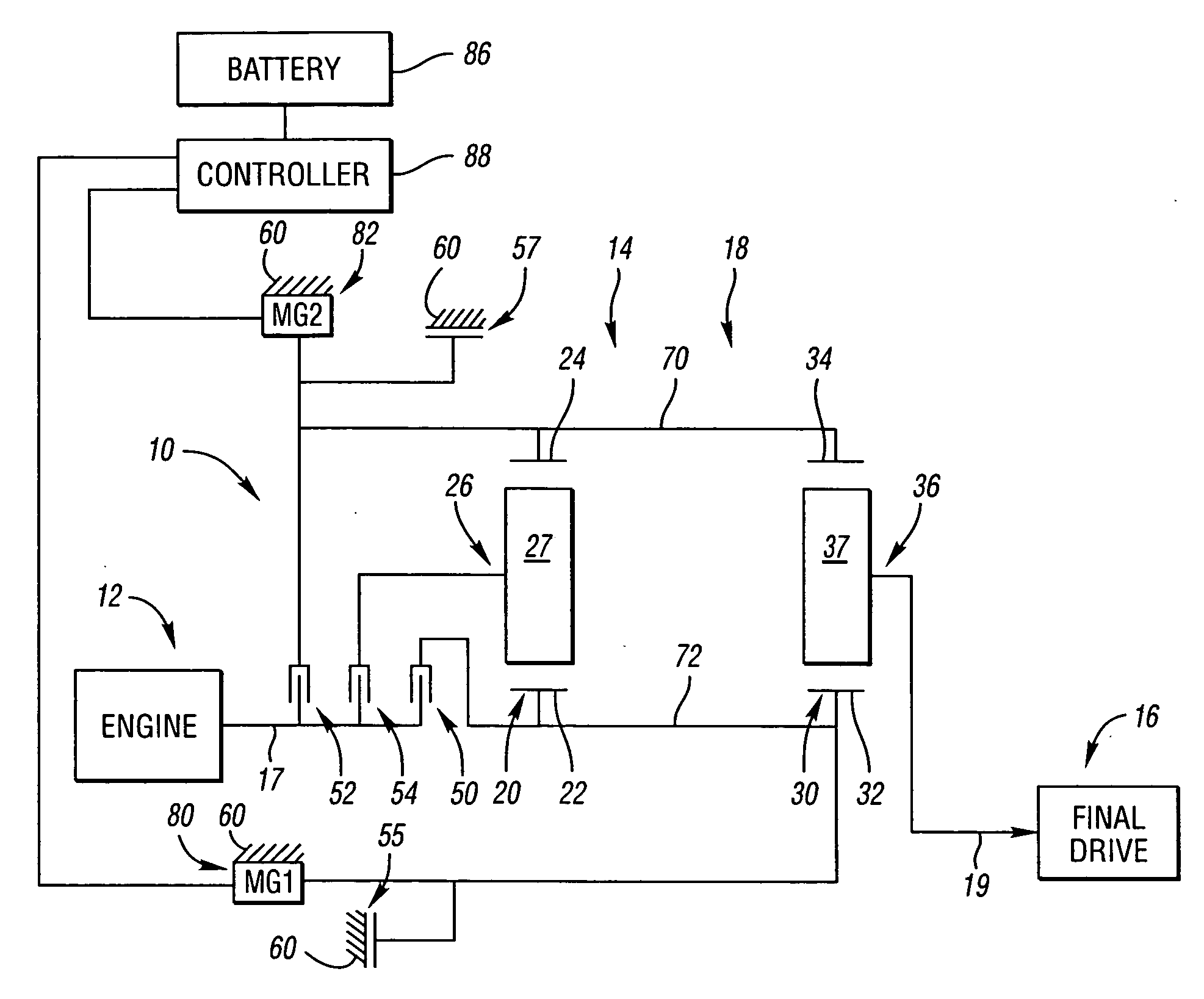 Electrically variable transmission having two planetary gear sets with two fixed interconnections and clutch input