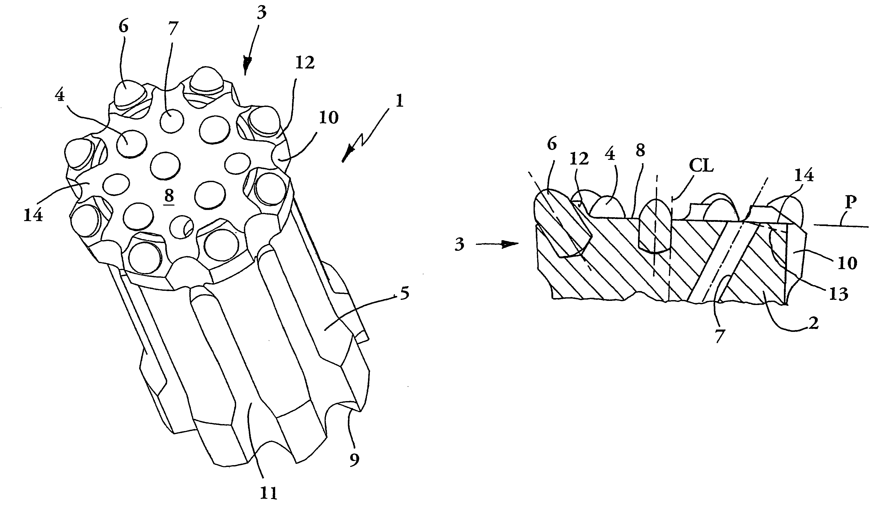 Rock drill bit having outer and inner rock-crushing buttons