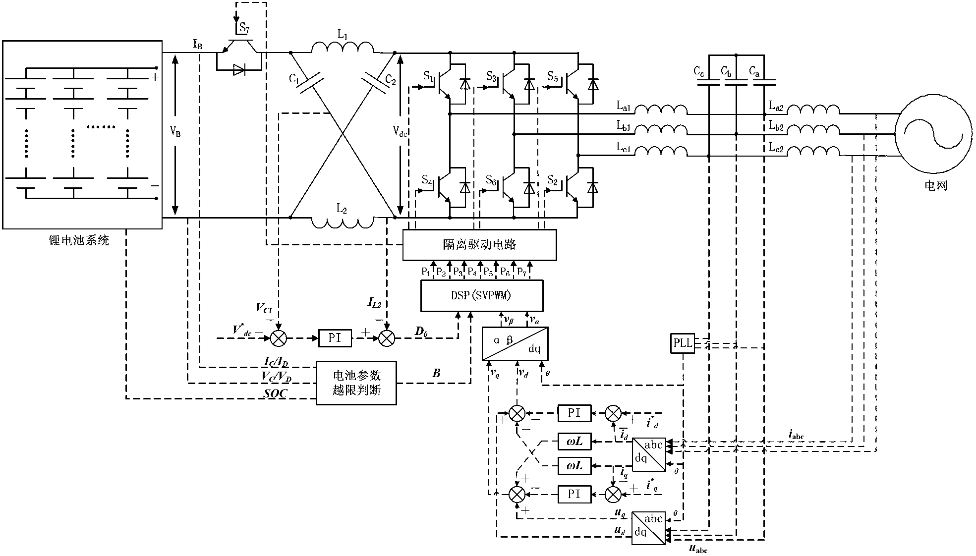 Battery energy-storage power conversion system containing Z source network and control method therefor