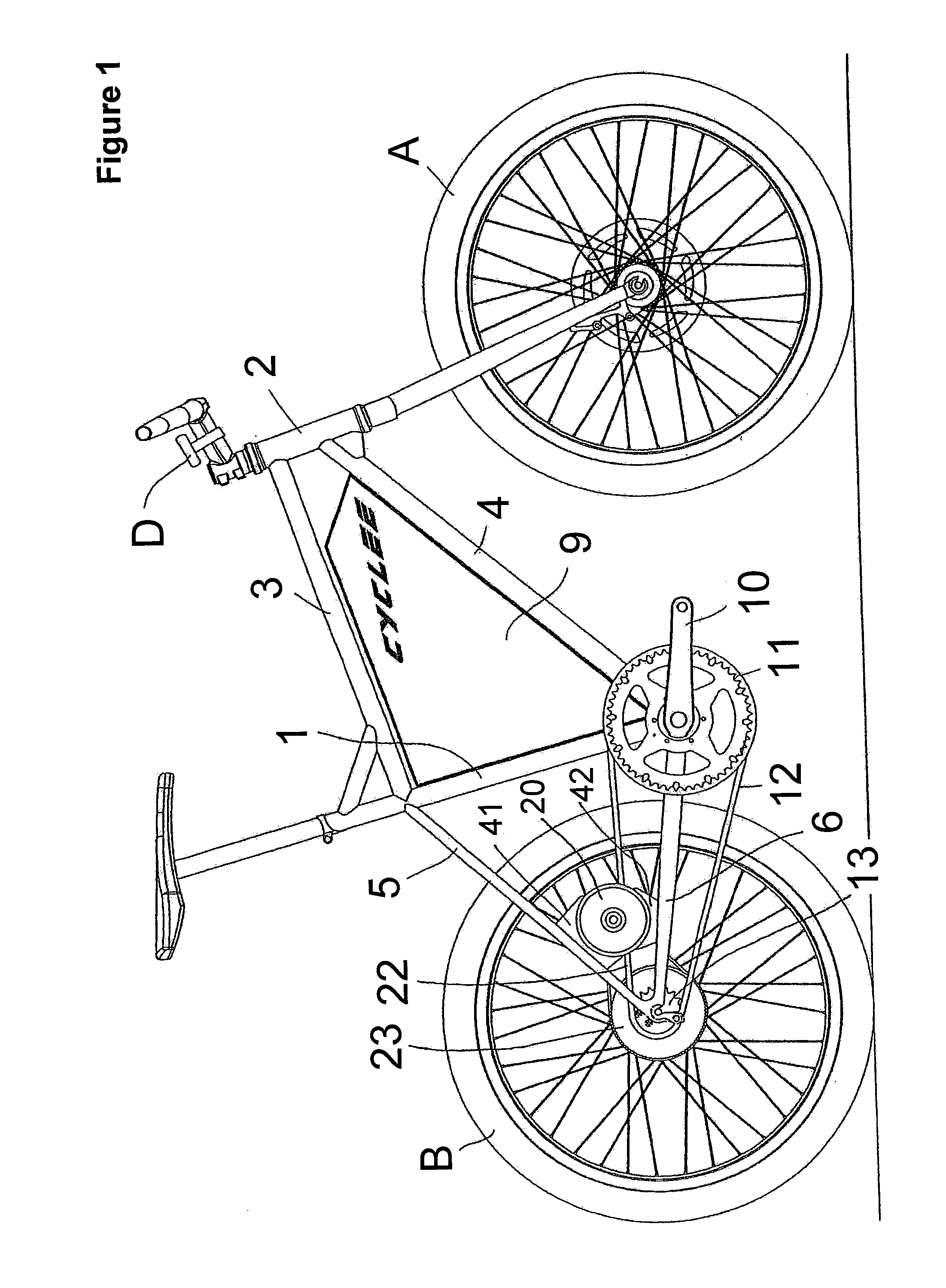 Wheeled vehicle with electric drive in the rear frame triangle and electric motor for a wheeled vehicle