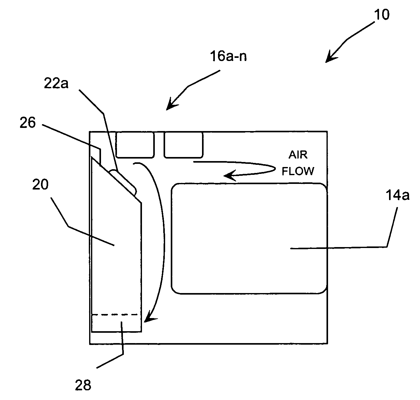 Evaporator and associated food pan refrigerator with an angled fan housing