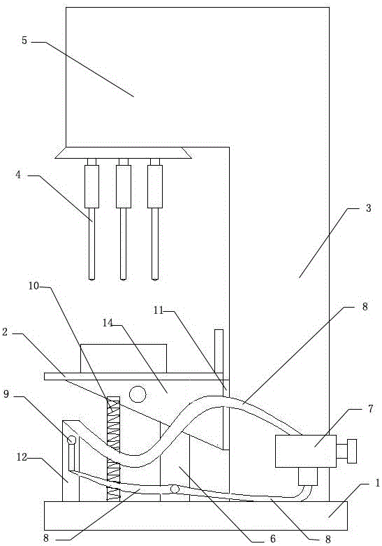 Drilling machine controlling lifting of workbench through hydraulic oil