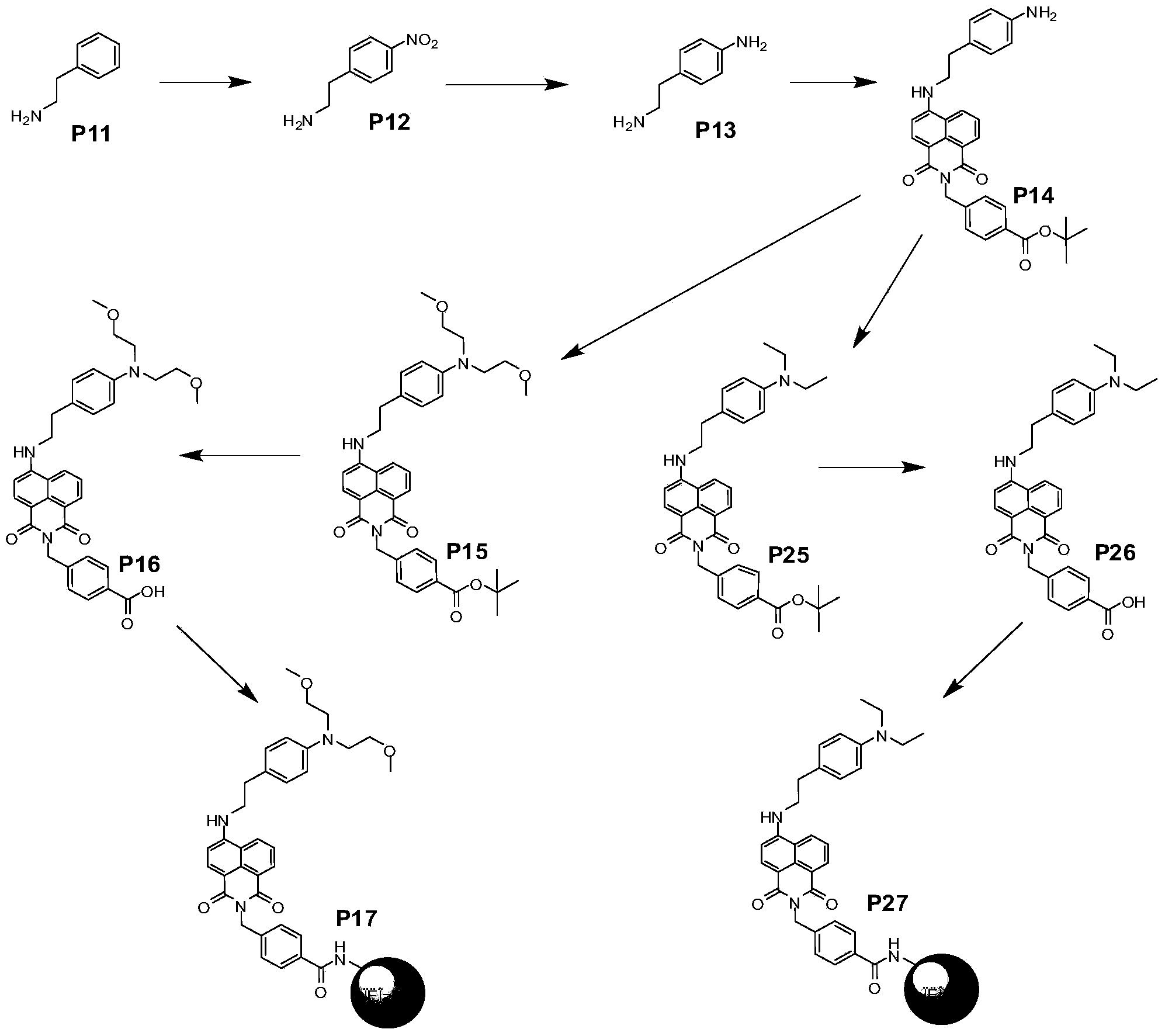 Organic compound for preparing wide pH fluorescence probes and application thereof