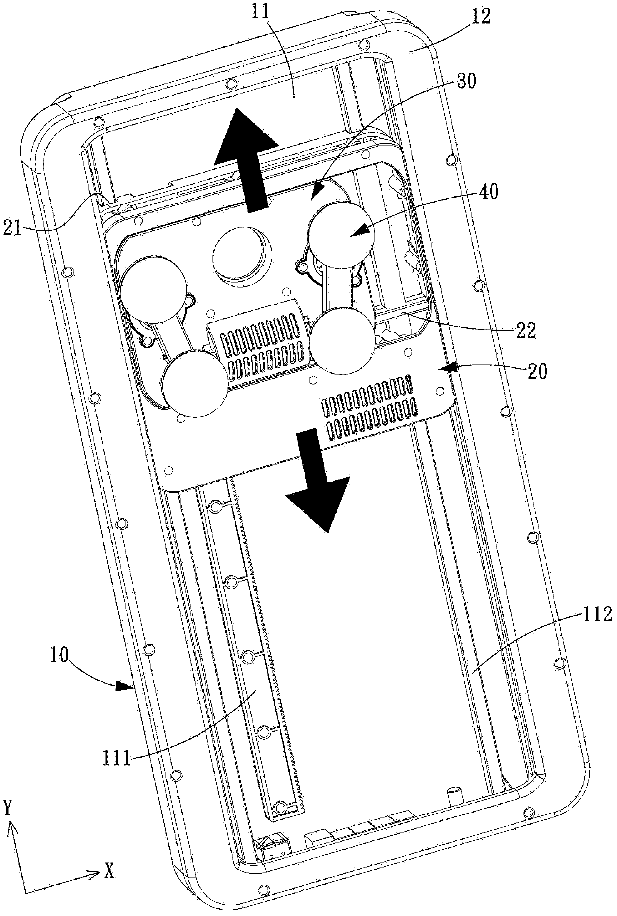 Massage device provided with two-dimensional mobility