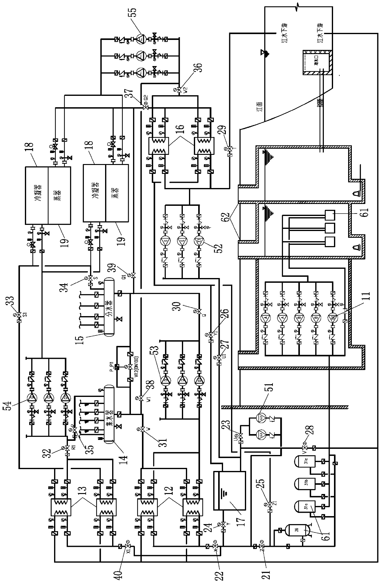 Multifunctional air conditioning system for direct cooling, refrigeration, cold accumulation and heating of river water