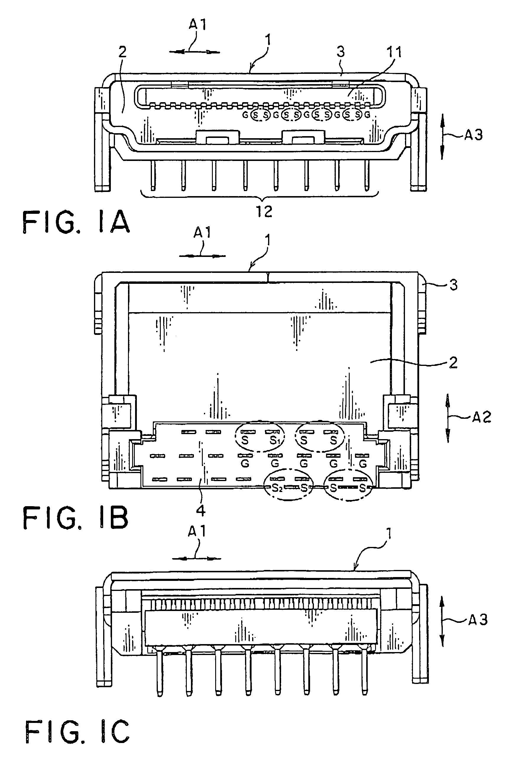 Connector in which a balance in physical distance between a ground contact and a pair of signal contacts can be maintained