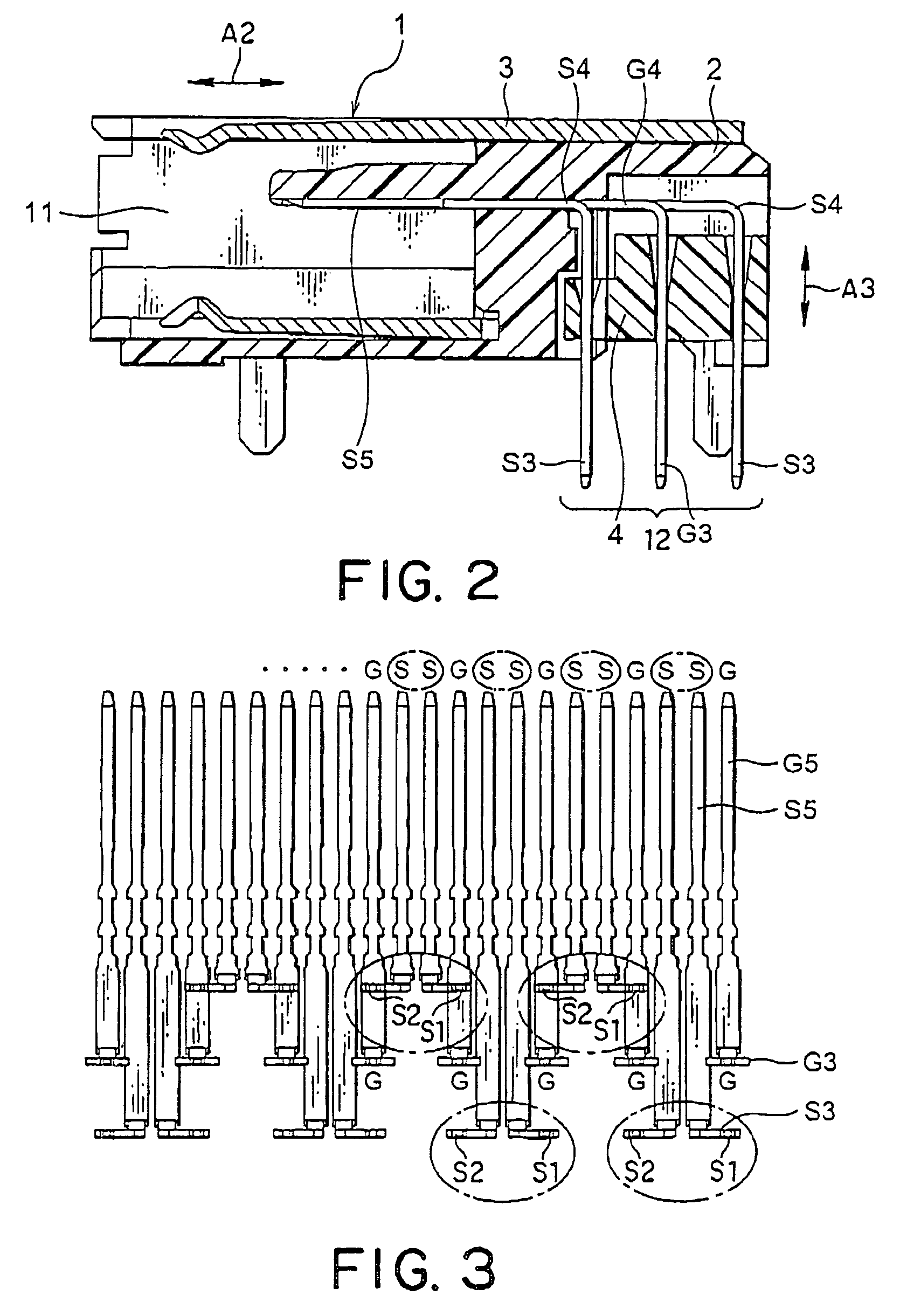 Connector in which a balance in physical distance between a ground contact and a pair of signal contacts can be maintained