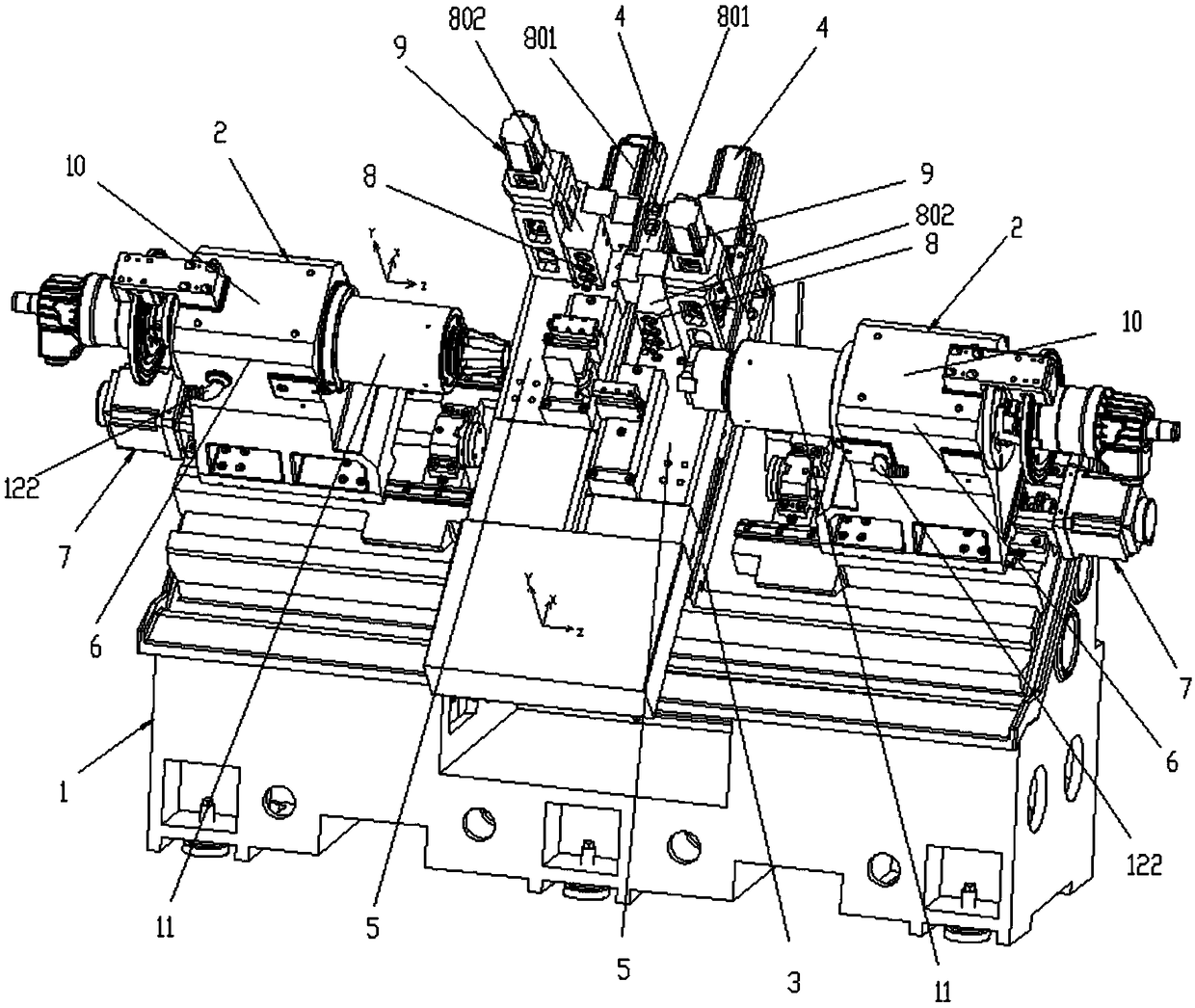 Slant-bed twin-spindle and double-row-tool numerical control machine tool capable of realizing docking processing of spindles