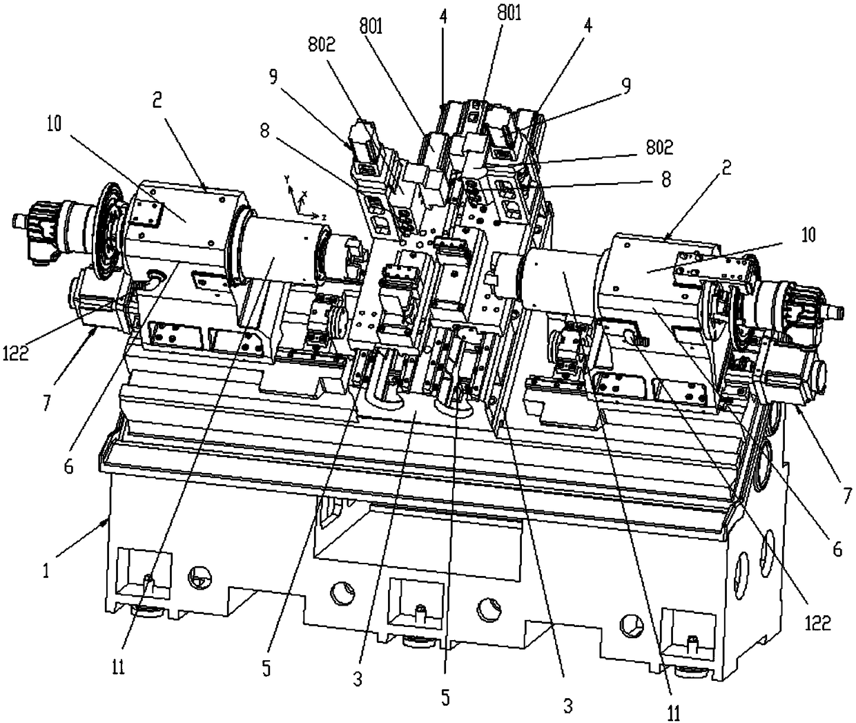 Slant-bed twin-spindle and double-row-tool numerical control machine tool capable of realizing docking processing of spindles