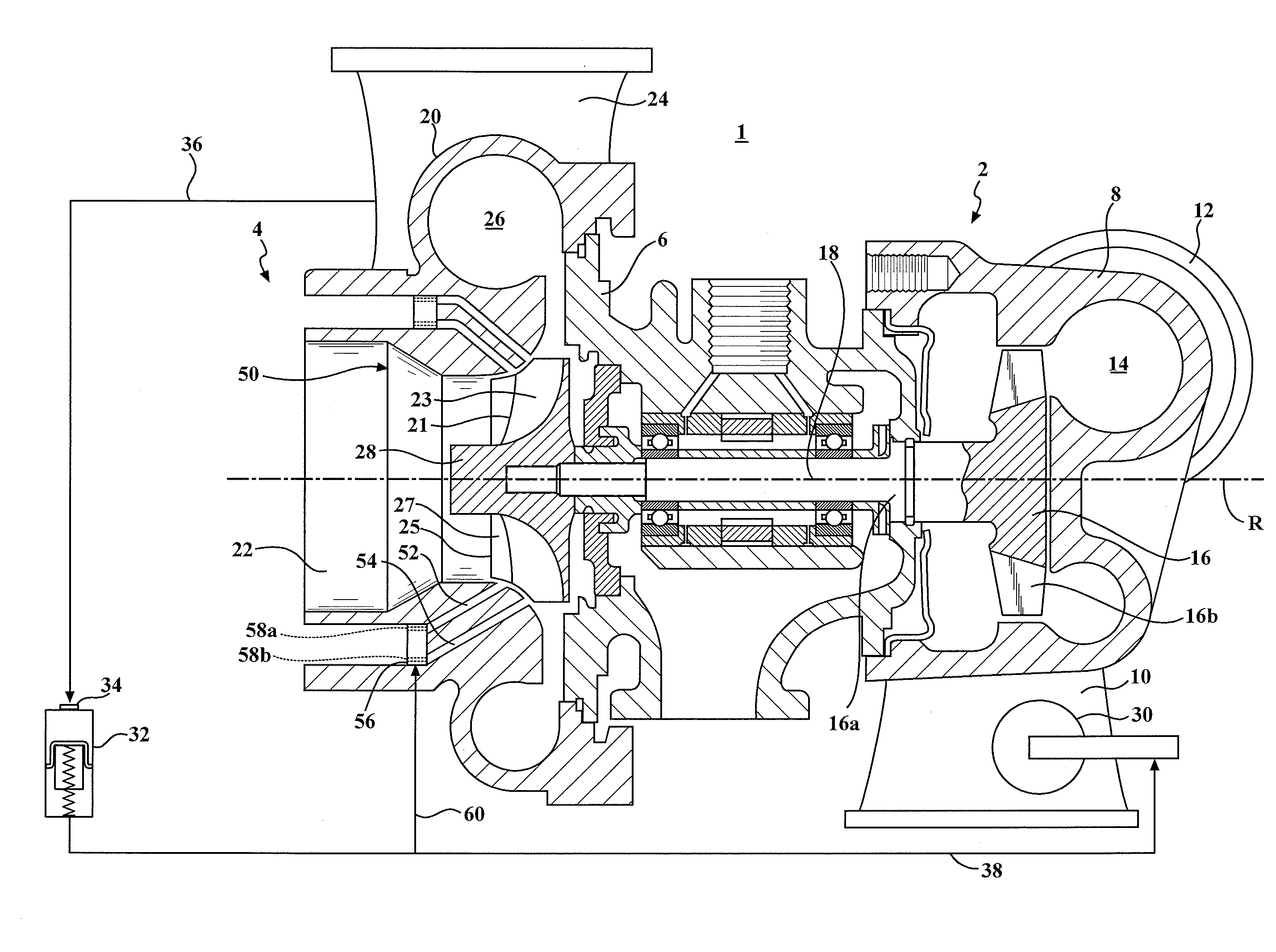 Turbocharger combining axial flow turbine with a compressor stage utilizing active casing treatment