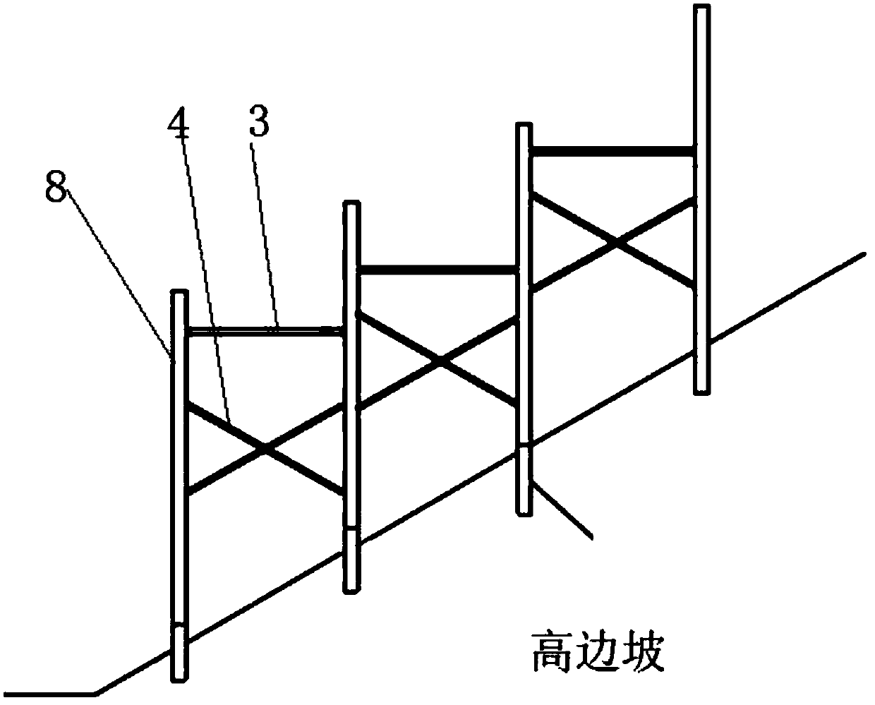 Integrated adjustable scaffold for high side slope construction