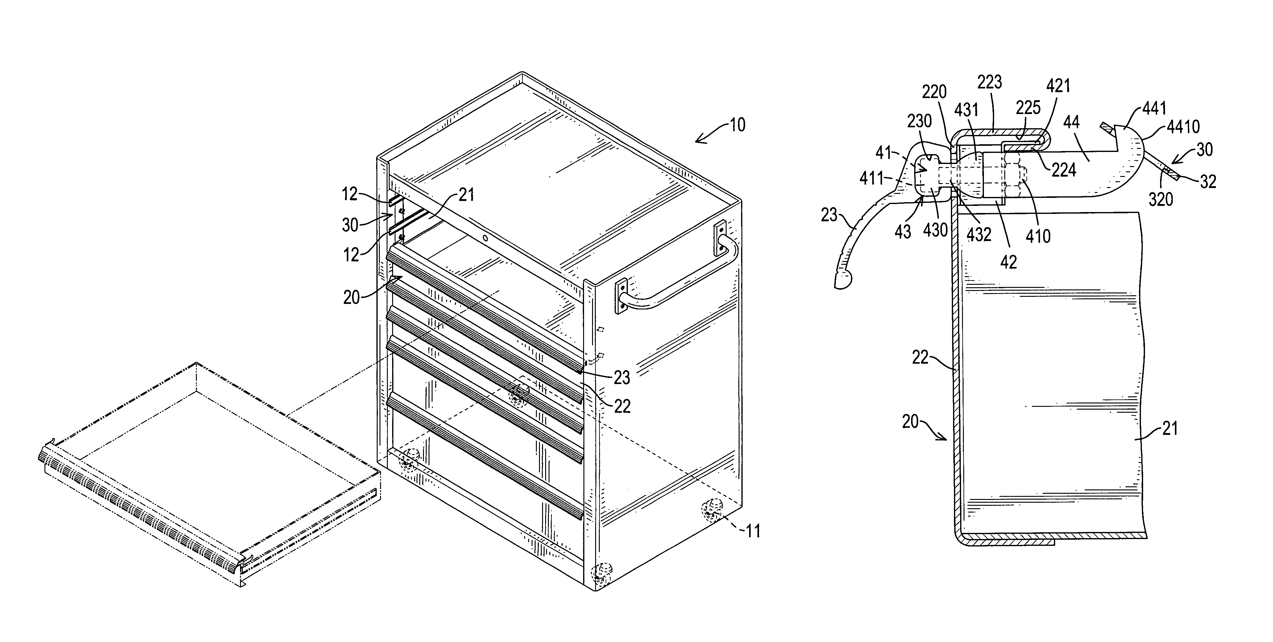 Tool cabinet with a positioning device for drawers