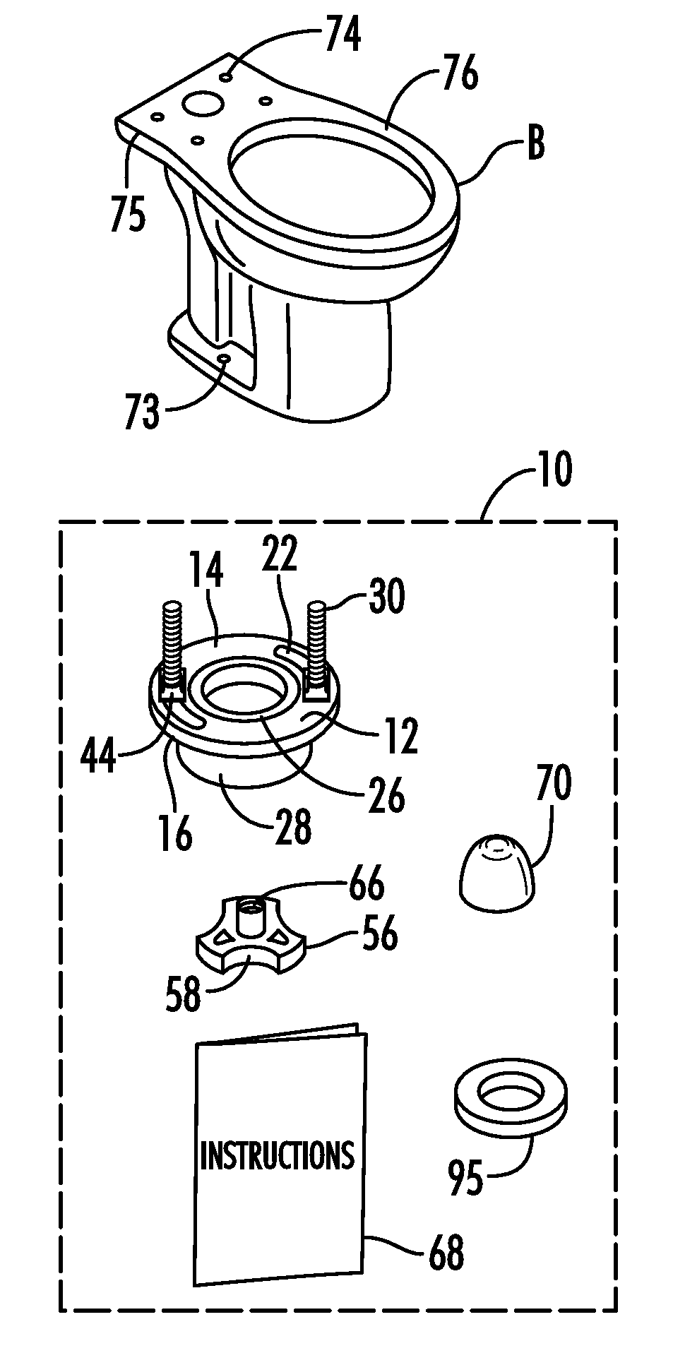 Kits, assemblies and methods for no-tools toilet installation