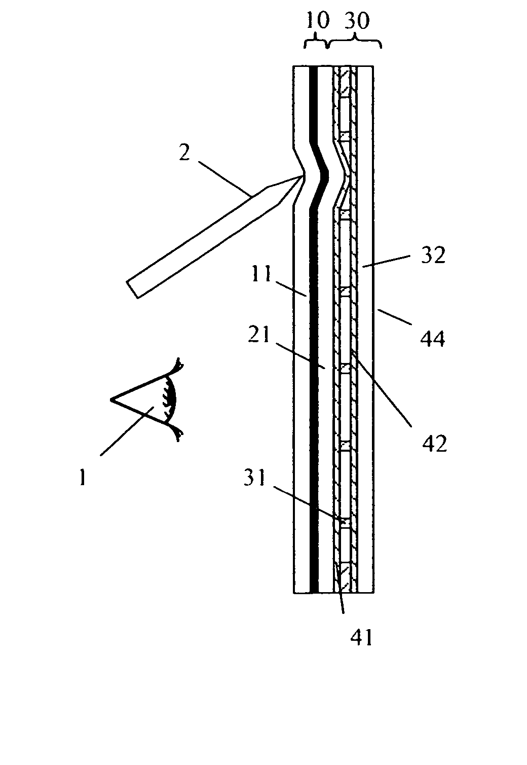 Touch input device with display front