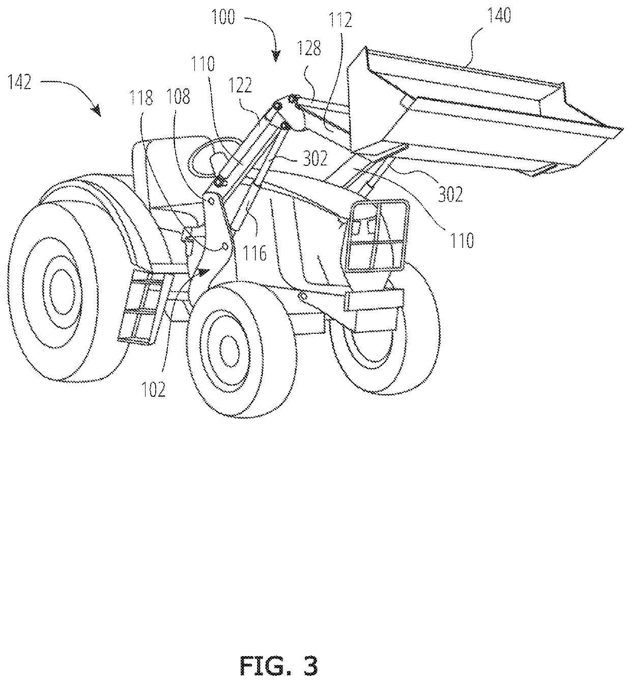 Front-end loader having a double boom with a dogleg bend of 105 to 135 degrees including an extension powered by hydraulic cylinders