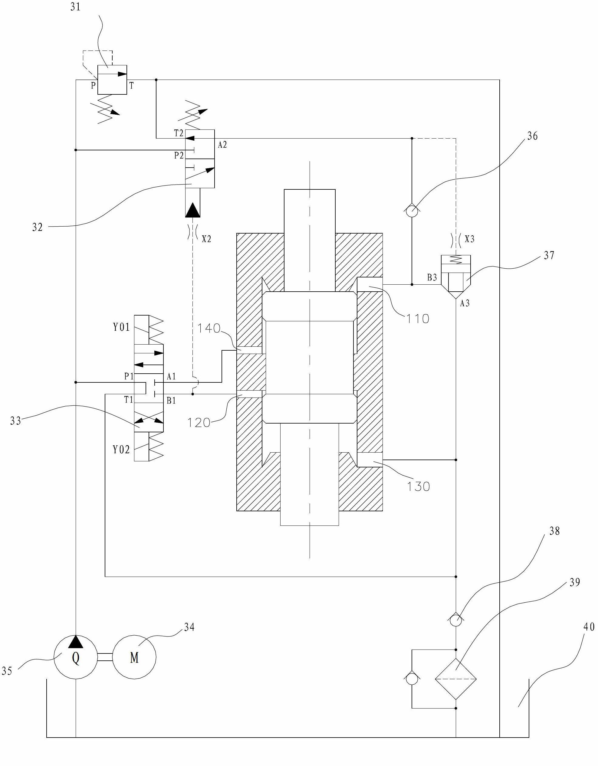 Hydraulic system of numerical control turrent punch press and working method of hydraulic system